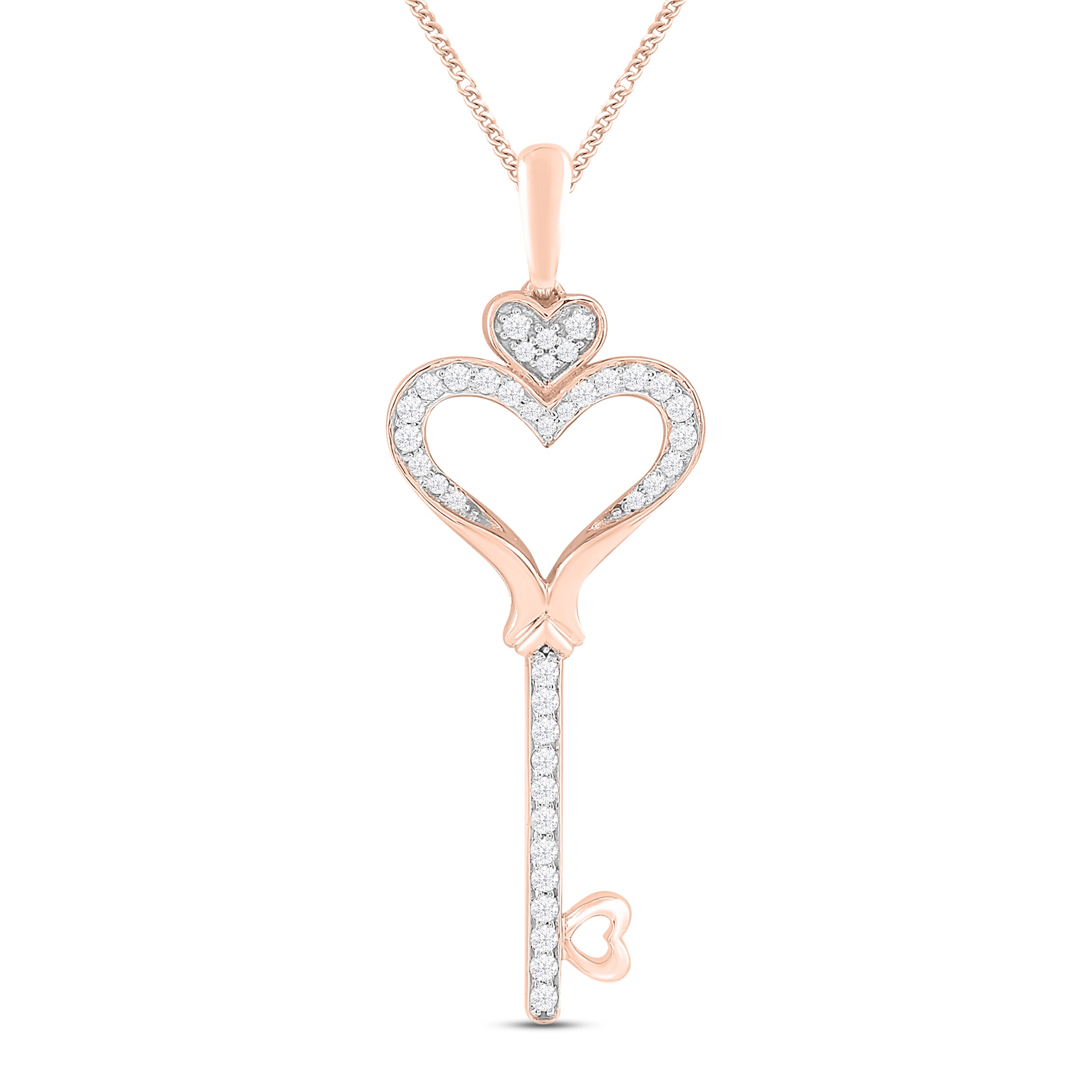 Diamond Heart Key Necklace 1/4 ct tw Round-cut 10K Rose Gold