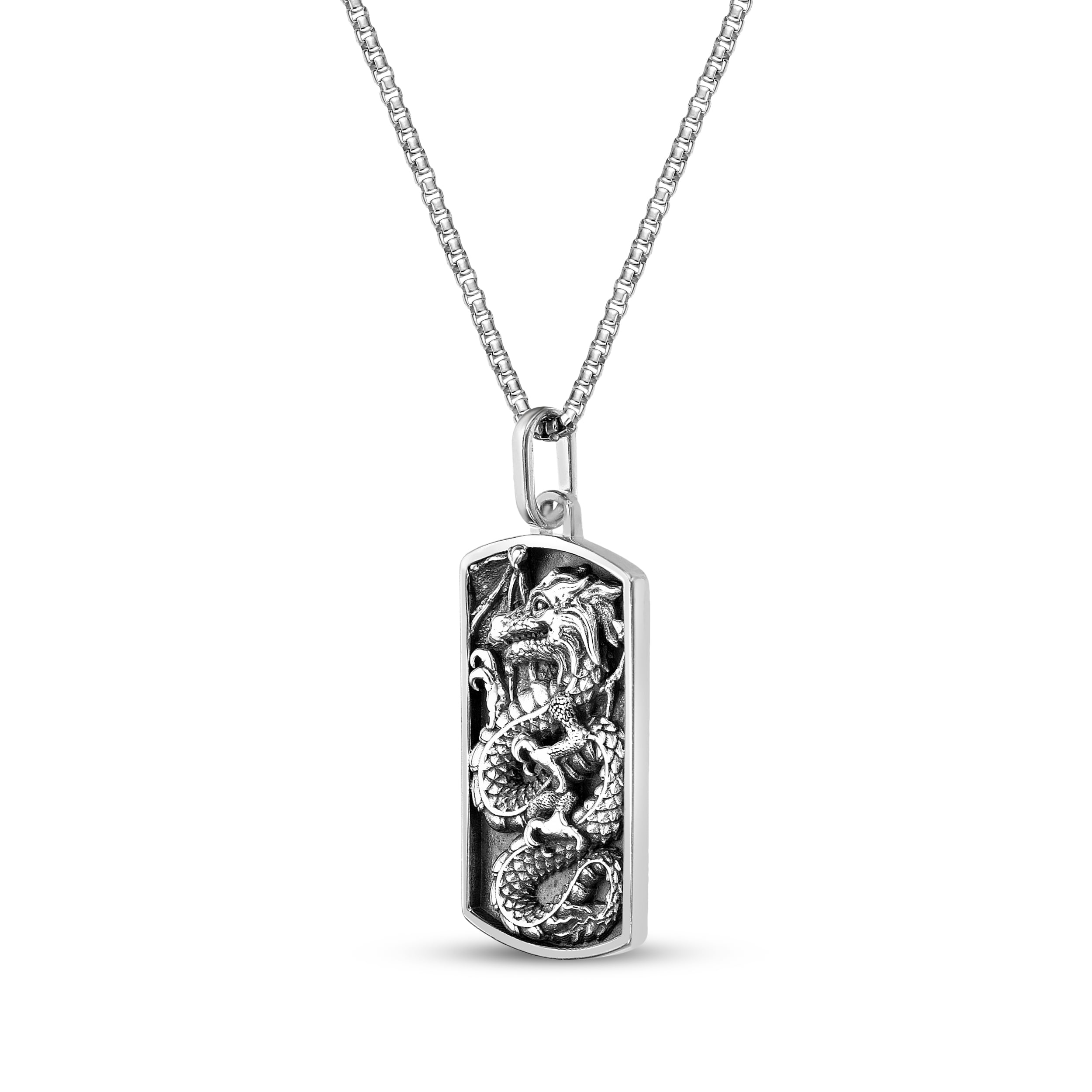 Men's Dragon Dog Tag Necklace Oxidized Sterling Silver 24