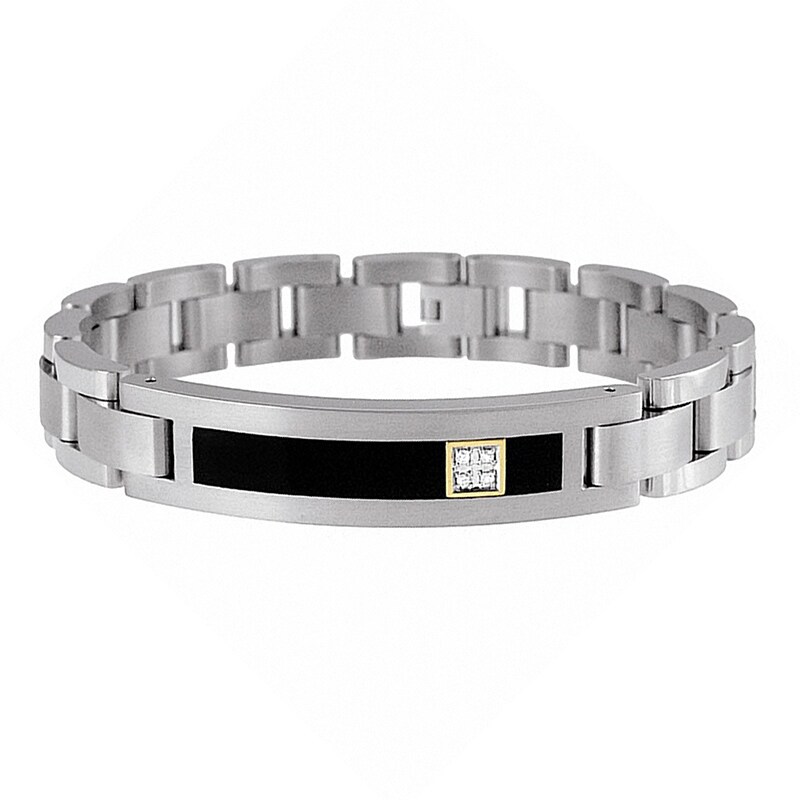 Onyx and Diamond ID Bracelet in Titanium and 14K Gold - 8.5&quot