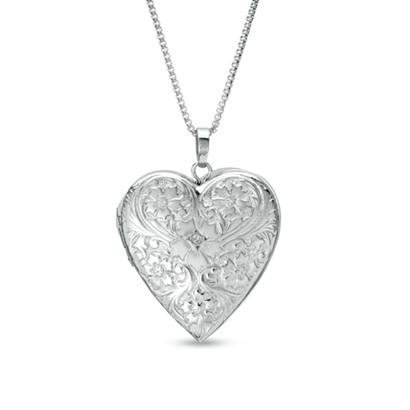 Diamond Accent Floral Heart-Shaped Locket in Sterling Silver - Main Image