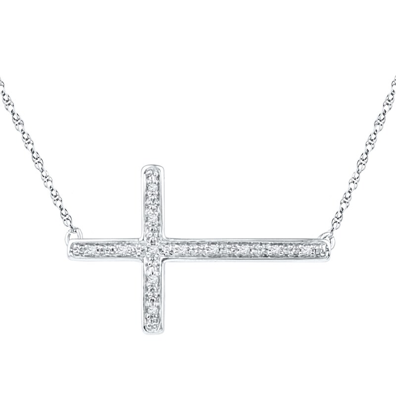 Sterling Silver 1/20 CT. T.W. Diamond Sideways Cross Pendant
