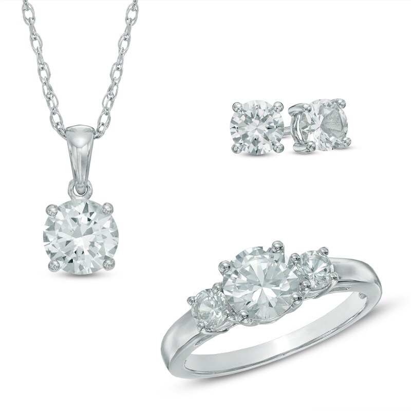 Lab-Created White Sapphire Pendant, Ring and Stud Earrings Set in