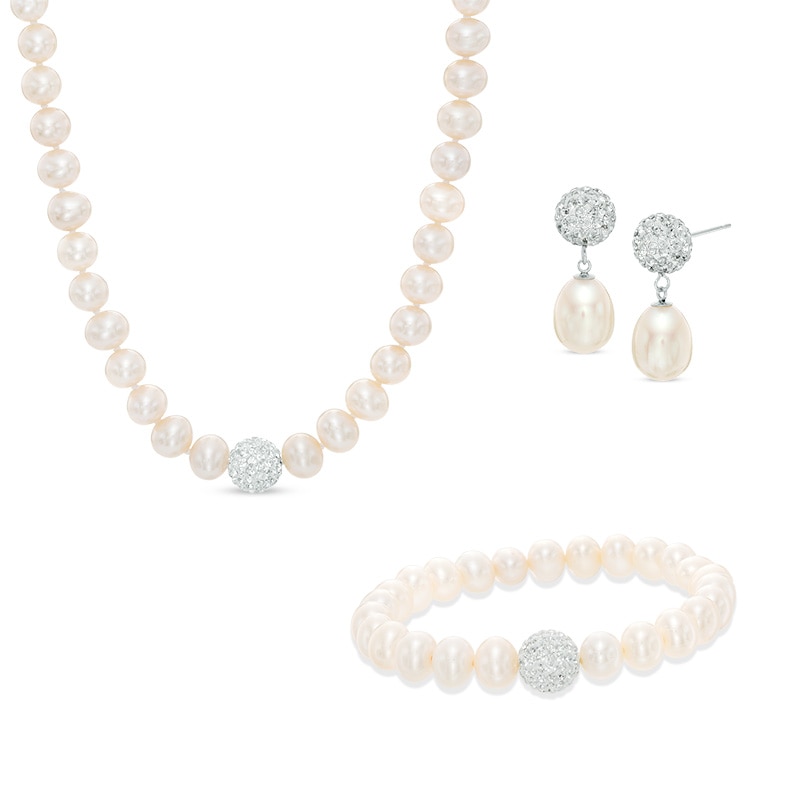 HOOUN 925 Plaqué Argent Blanc Bling Mode Brillant Perle Boucles Clou Ensemble Collier