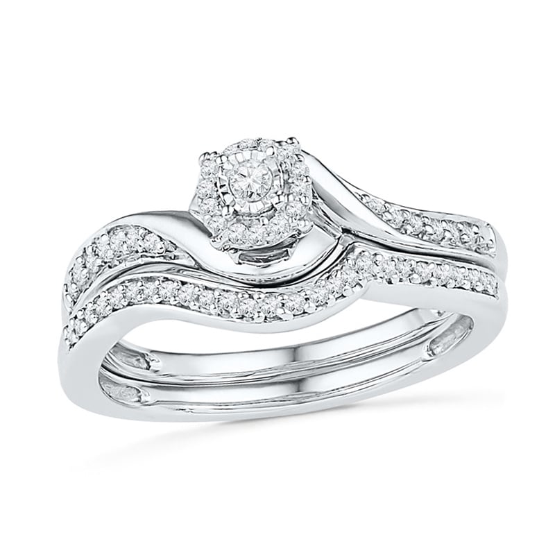 ムンビン&サナ FLAWLESS ツイストダブルリング+パンフレット+巾着セット 1/4 CT. T.W. Diamond Swirl Frame Bridal Set in Sterling Silver