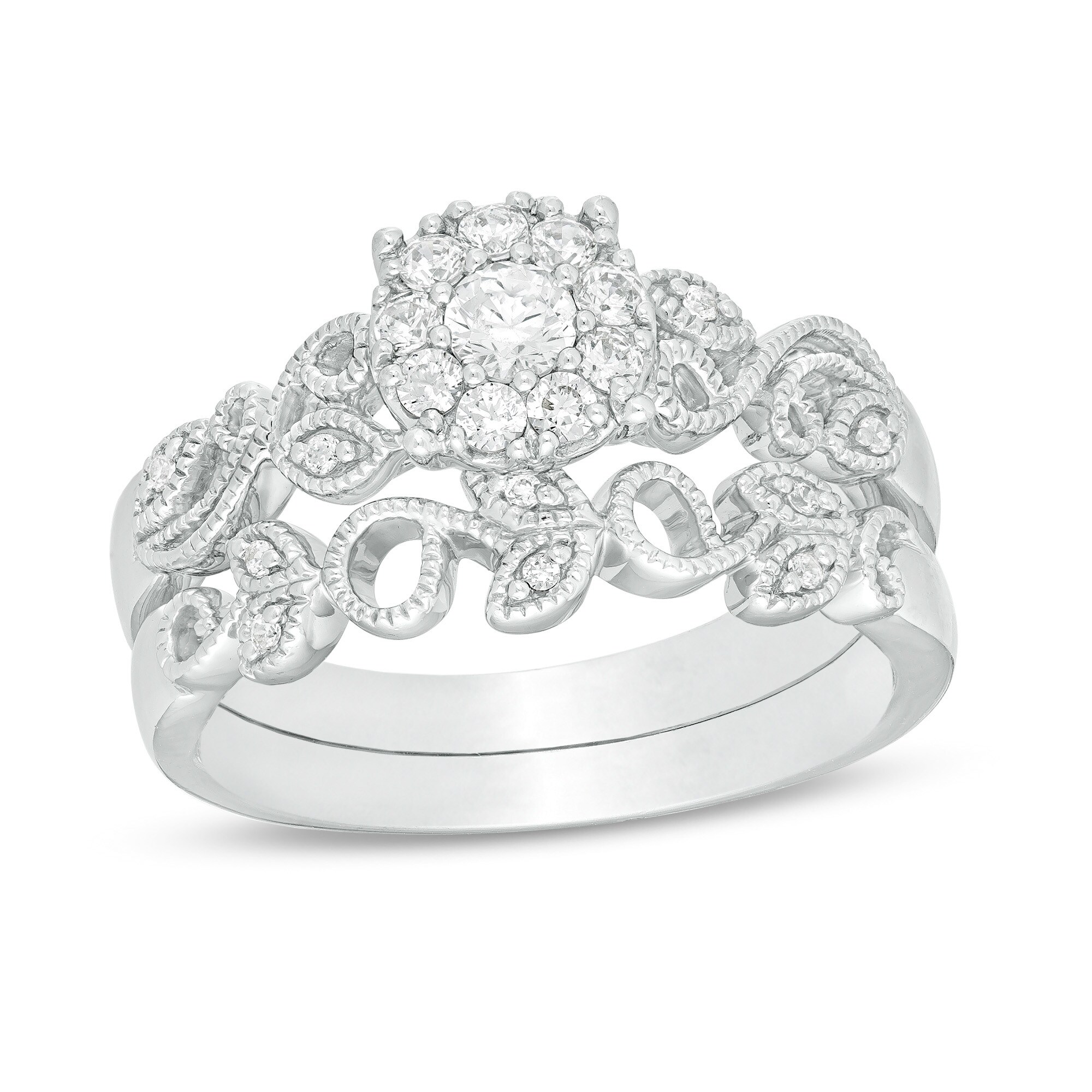 1/3 CT. T.W. Diamond Frame Vine-Shank Vintage-Style Interlocking