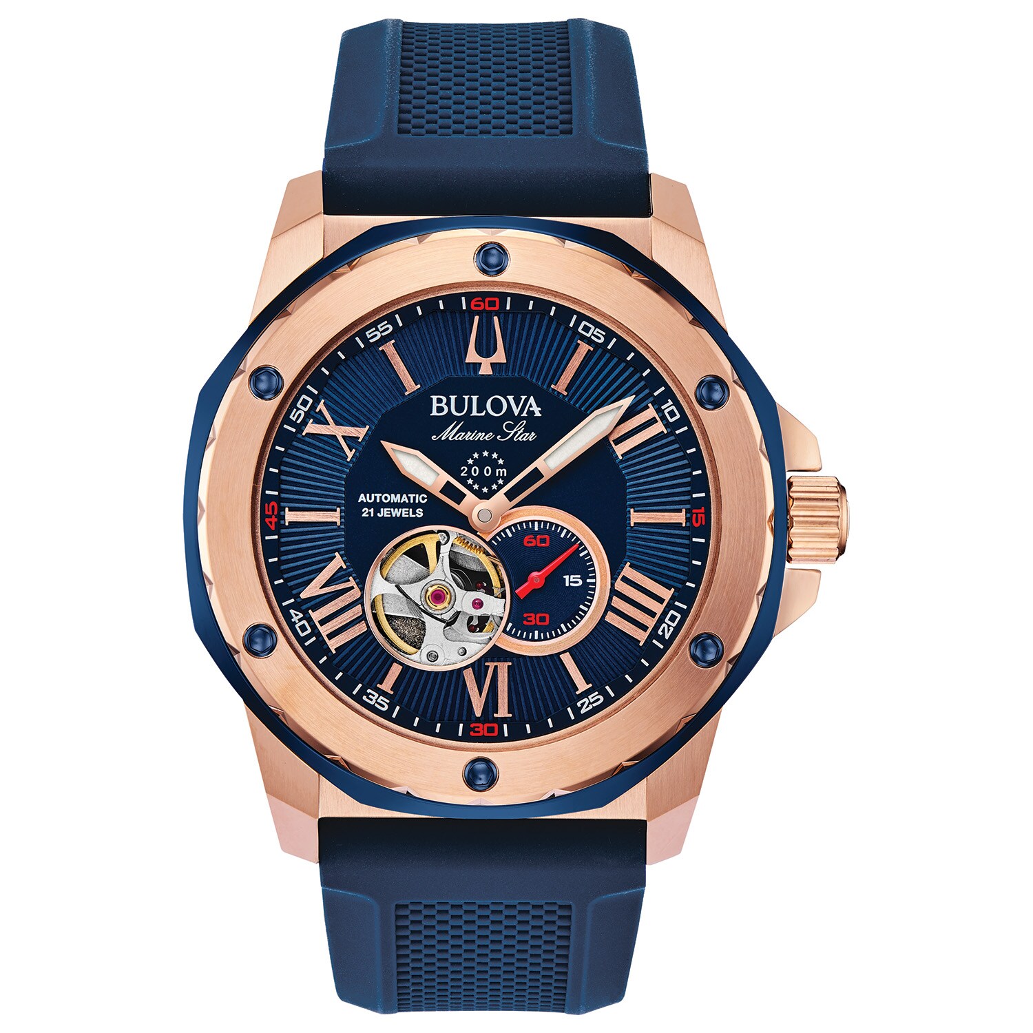 Men's Bulova Marine Star Automatic Rose-Tone Strap Watch with Blue