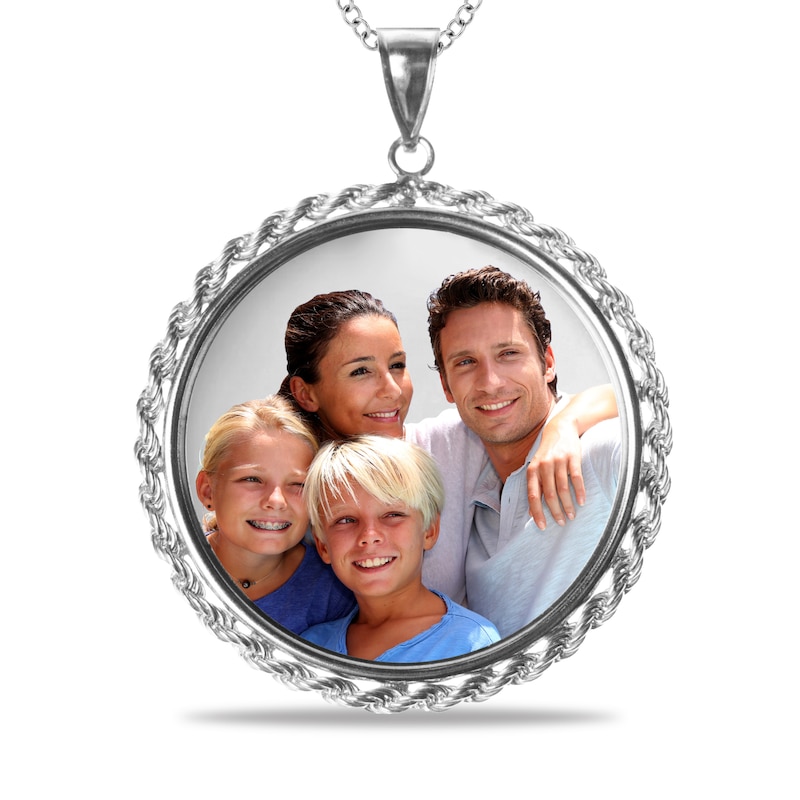 Engravable Photo Rope Chain Frame Circle Pendant in Sterling