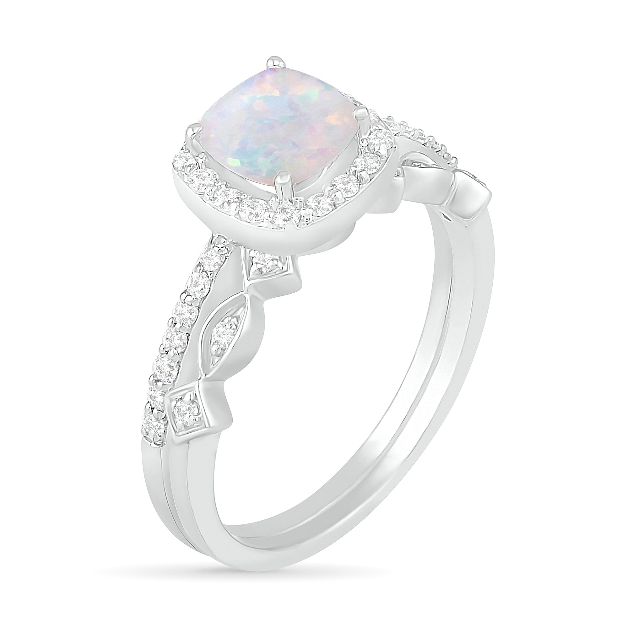 6.0mm Cushion-Shaped Lab-Created Opal and 0.23 CT. T.W. Diamond