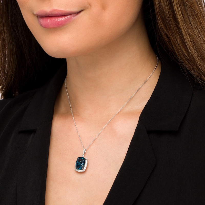 London Blue Topaz Pendant With Diamonds - 14K White Gold - 1.99 Carat Princess Cut Gemstone Necklace