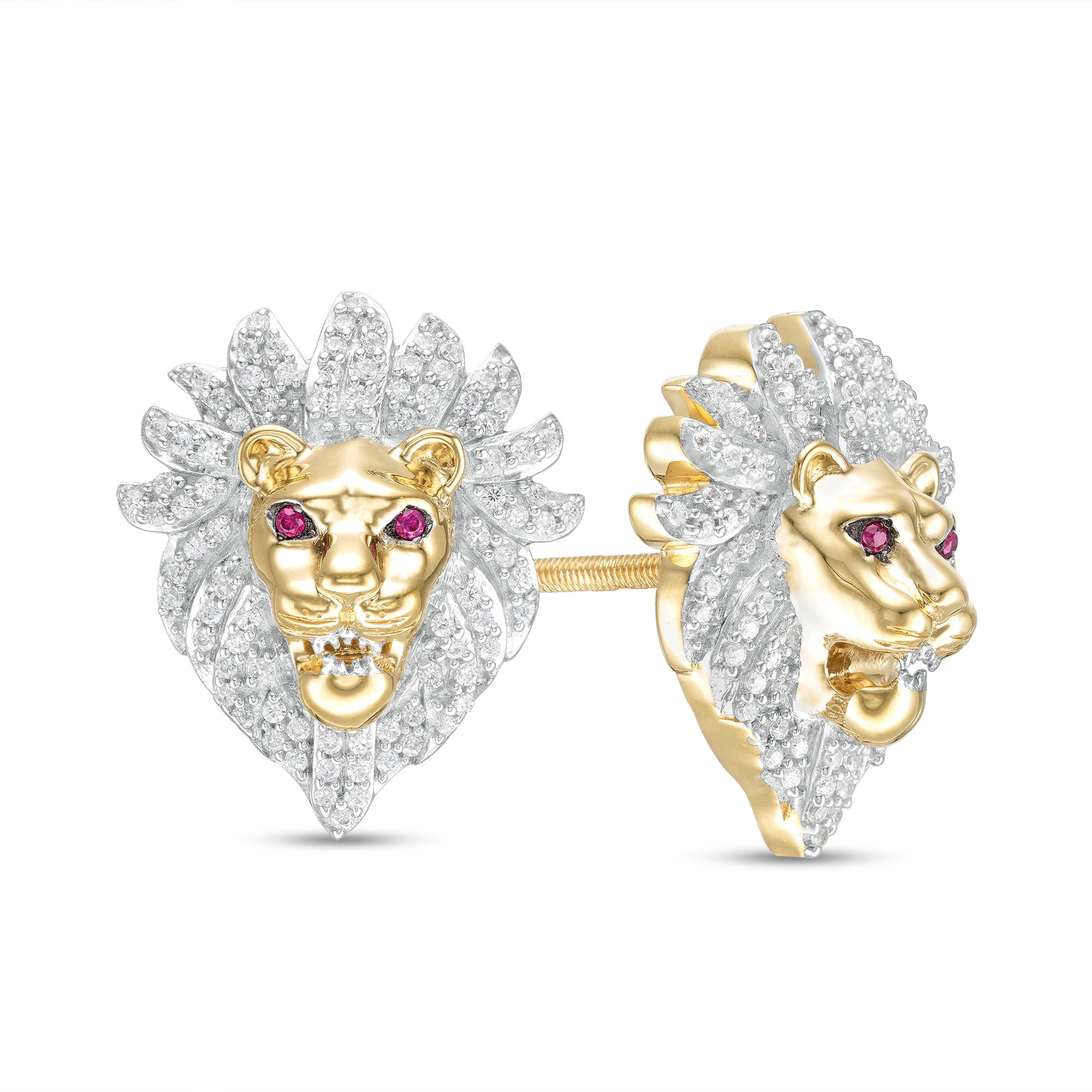 10K Solid Yellow Gold Lion Head CZ Stud Earrings - 0.4" - Men, Women, Children - Diamomo
