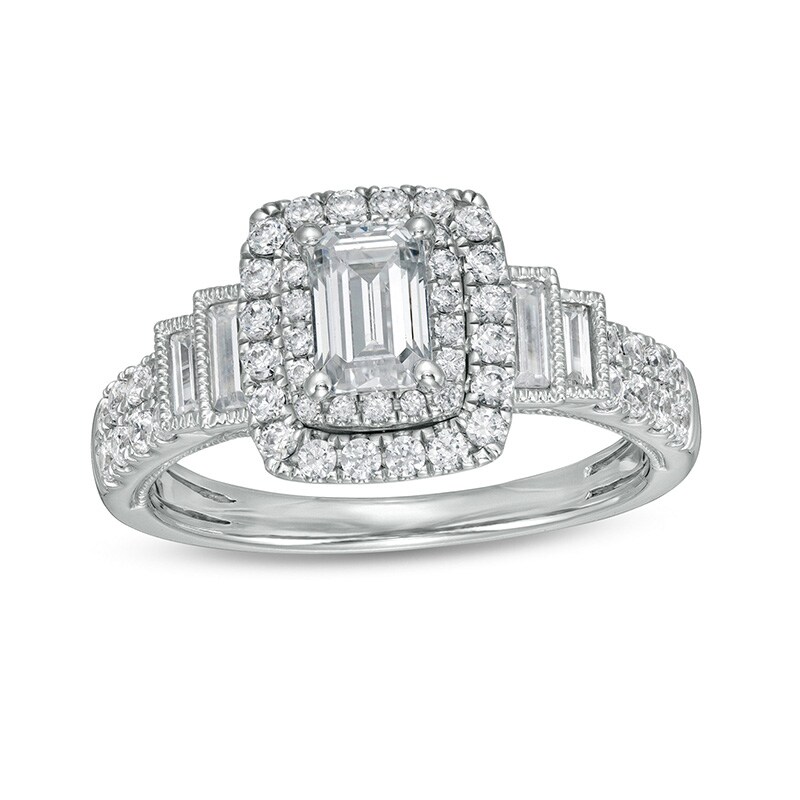 レクティ　エメラルド 1-1/5 CT. T.W. Emerald-Cut Diamond Frame Vintage-Style Tiered
