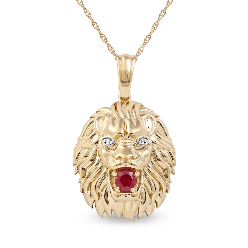 Men's Ruby and Diamond Accent Lion Head Pendant in 10K Gold
