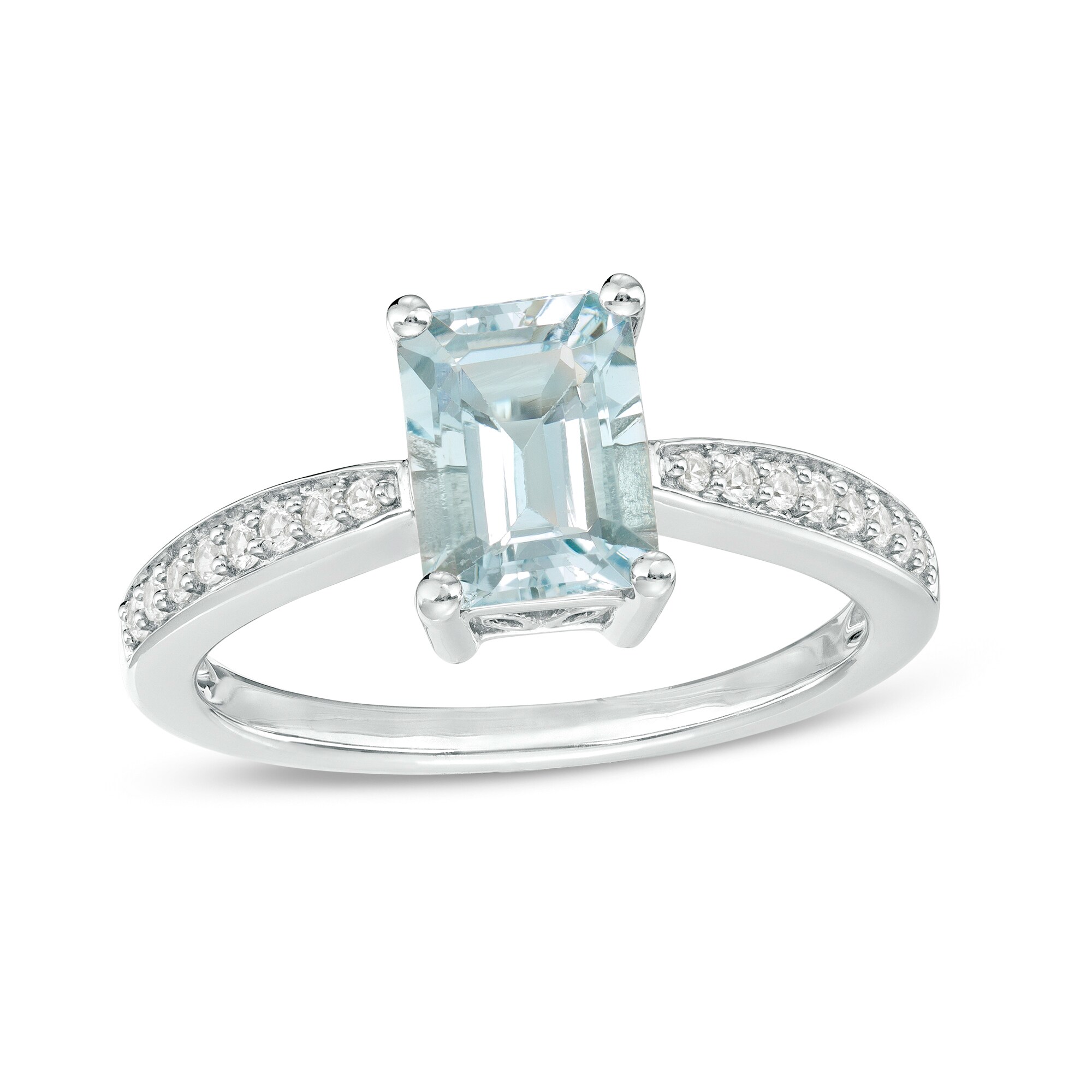 Emerald-Cut Aquamarine and White Lab-Created Sapphire Ring in