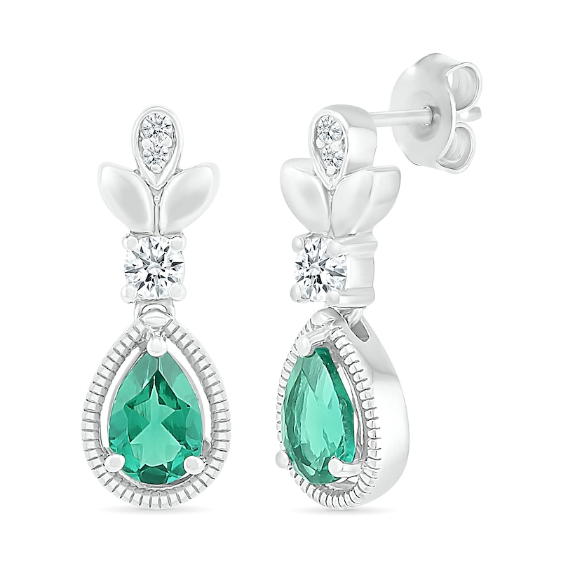 Pear-Shaped Lab-Created Emerald and White Sapphire Floral Vintage