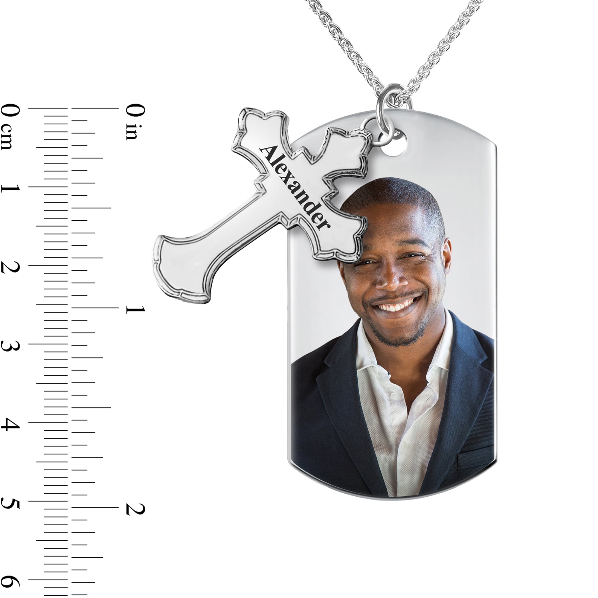 Men's Extra Large Engravable Photo Dog Tag Pendant with Cross