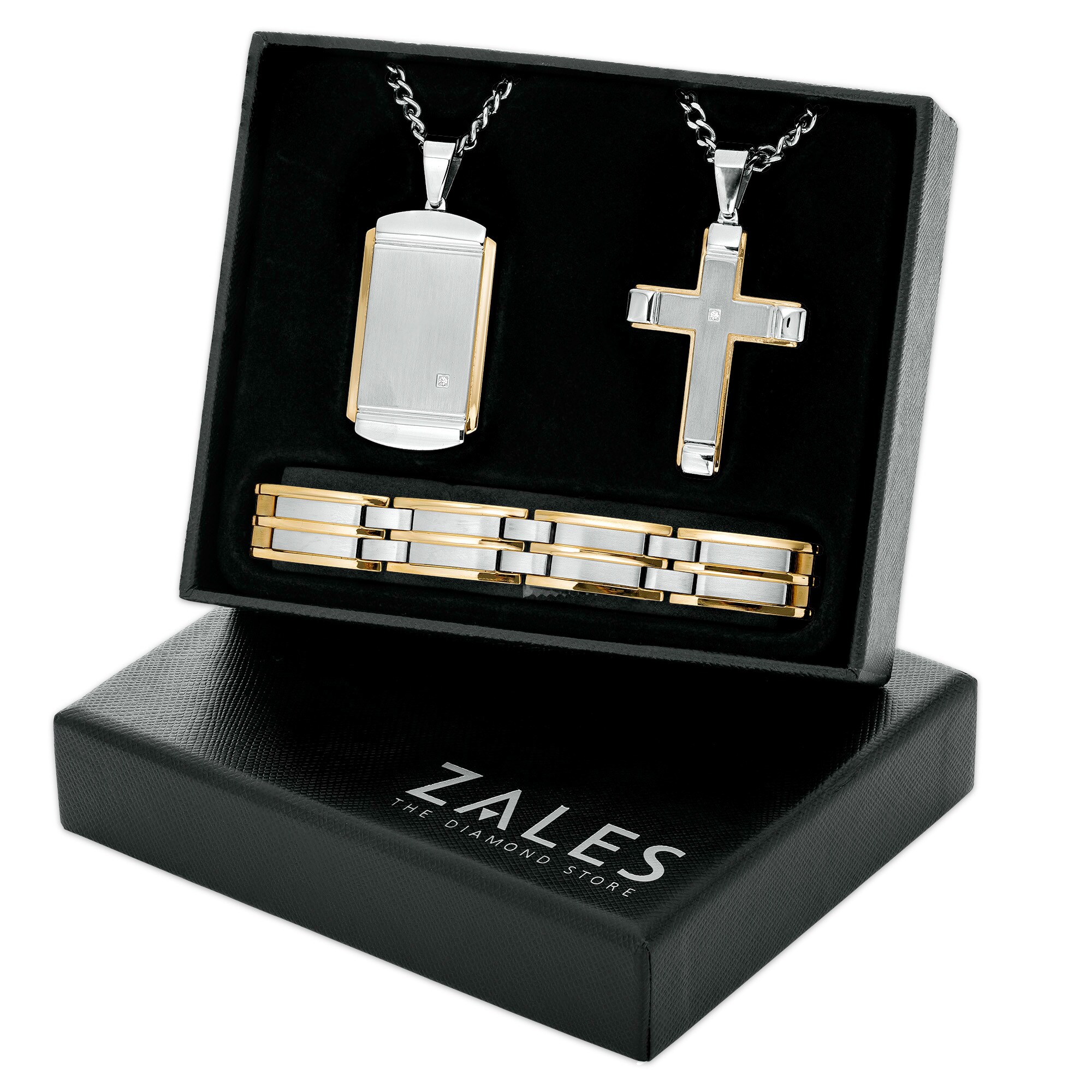 Diamond Accent Layered Dog Tag and Cross Pendant with Link