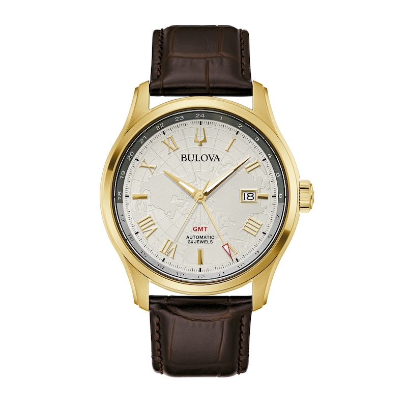 Men's Bulova Wilton Gold-Tone Automatic Brown Leather Strap Watch