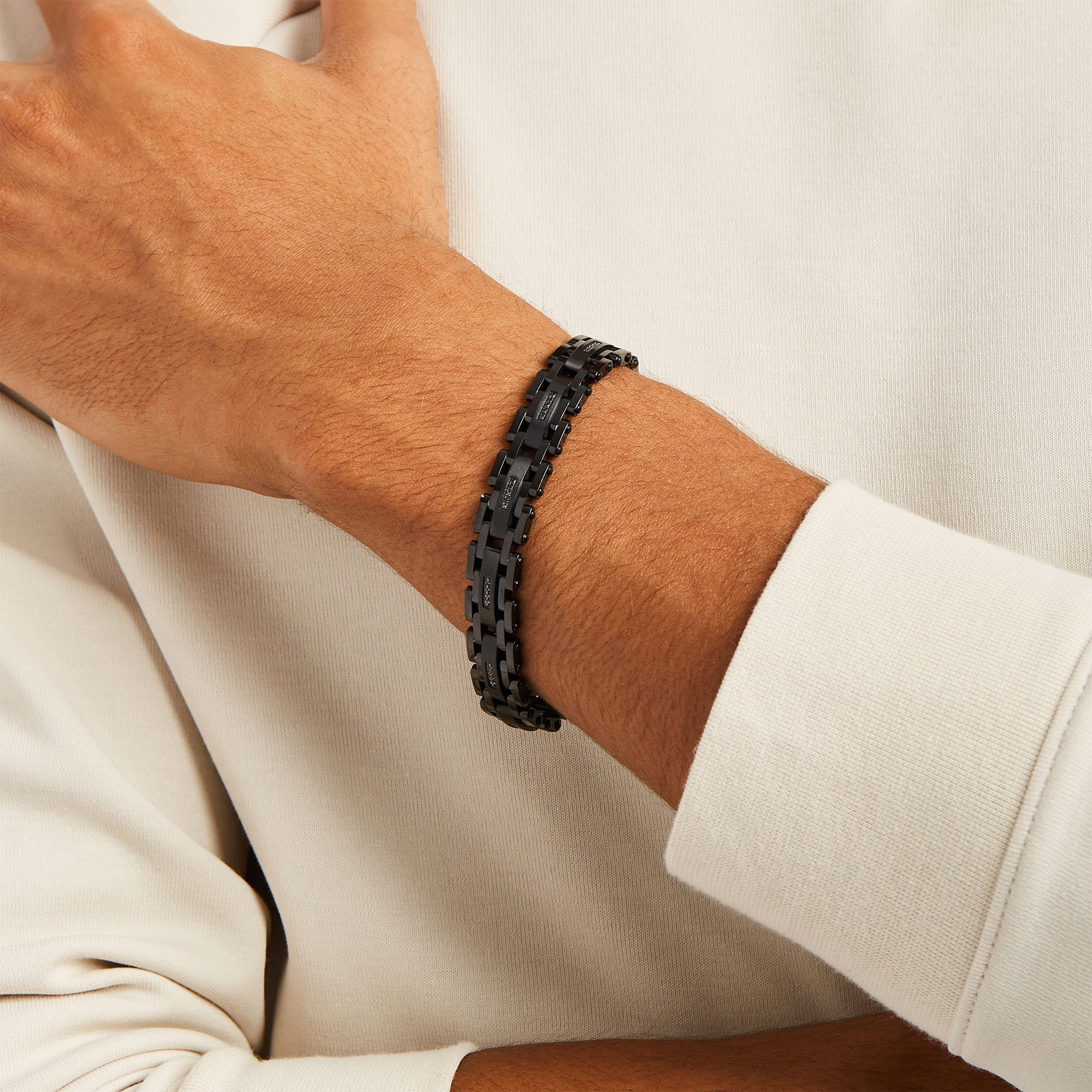 CLEMITRA athlete 健康アクセサリー 黒 1/6 CT. T.W. Black Diamond Link Bracelet in Stainless Steel with