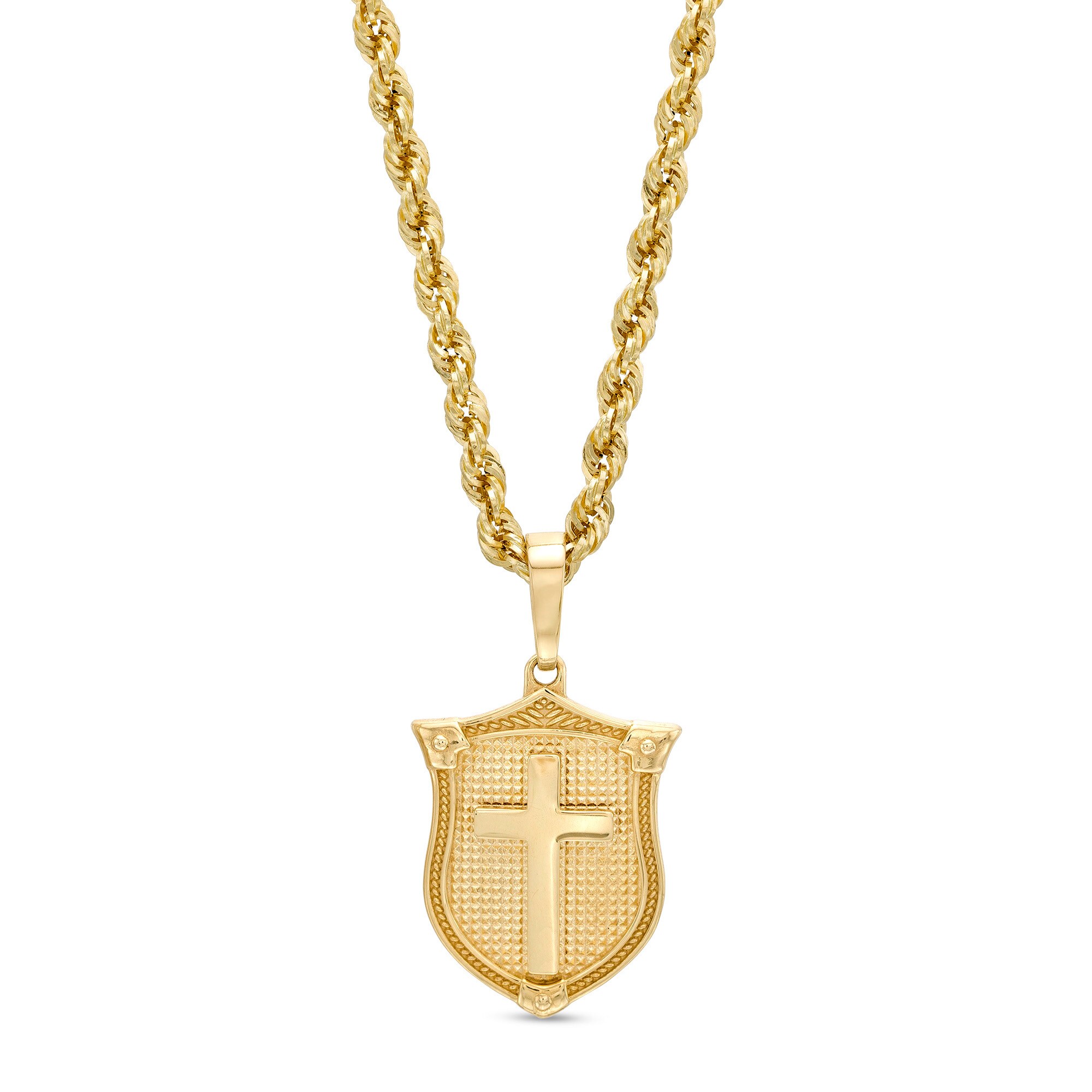 Men's Textured Cross Shield Pendant in 10K Gold – 22