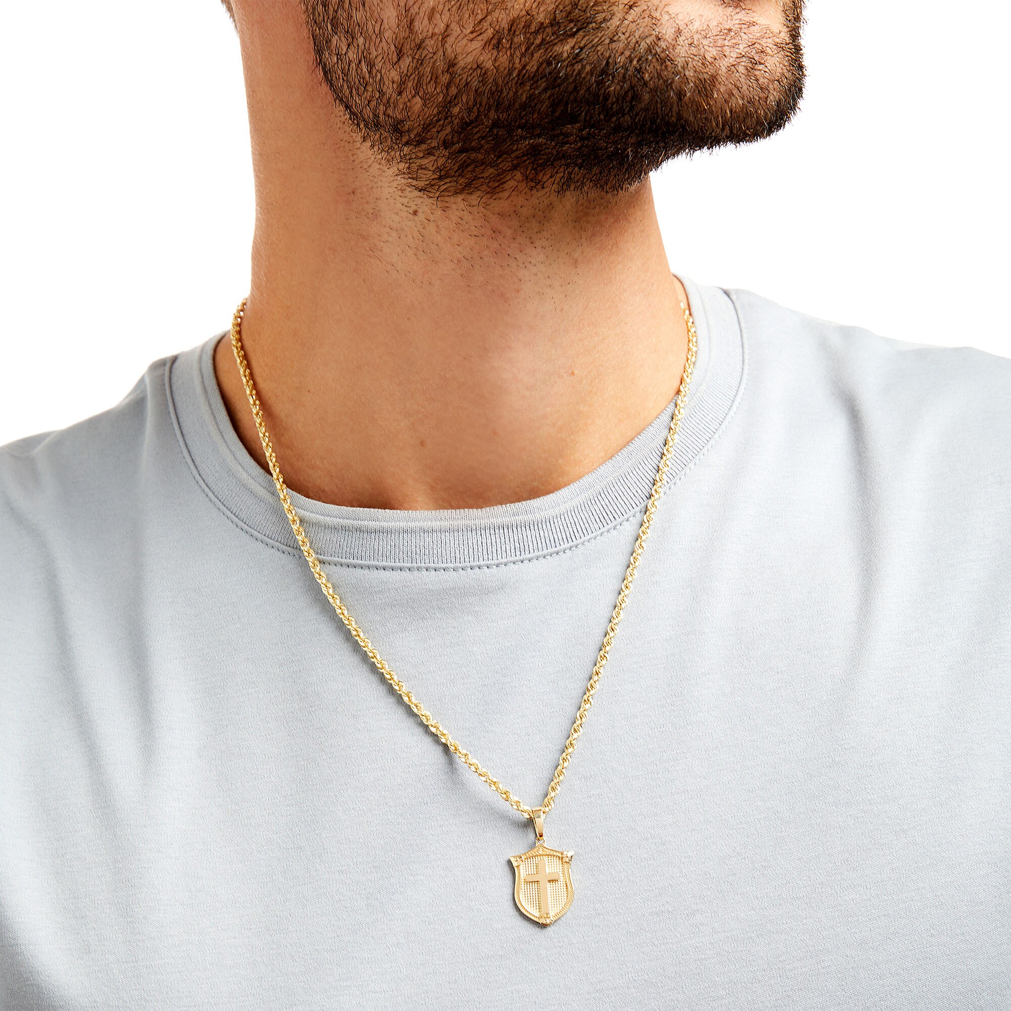 Men's Textured Cross Shield Pendant in 10K Gold – 22