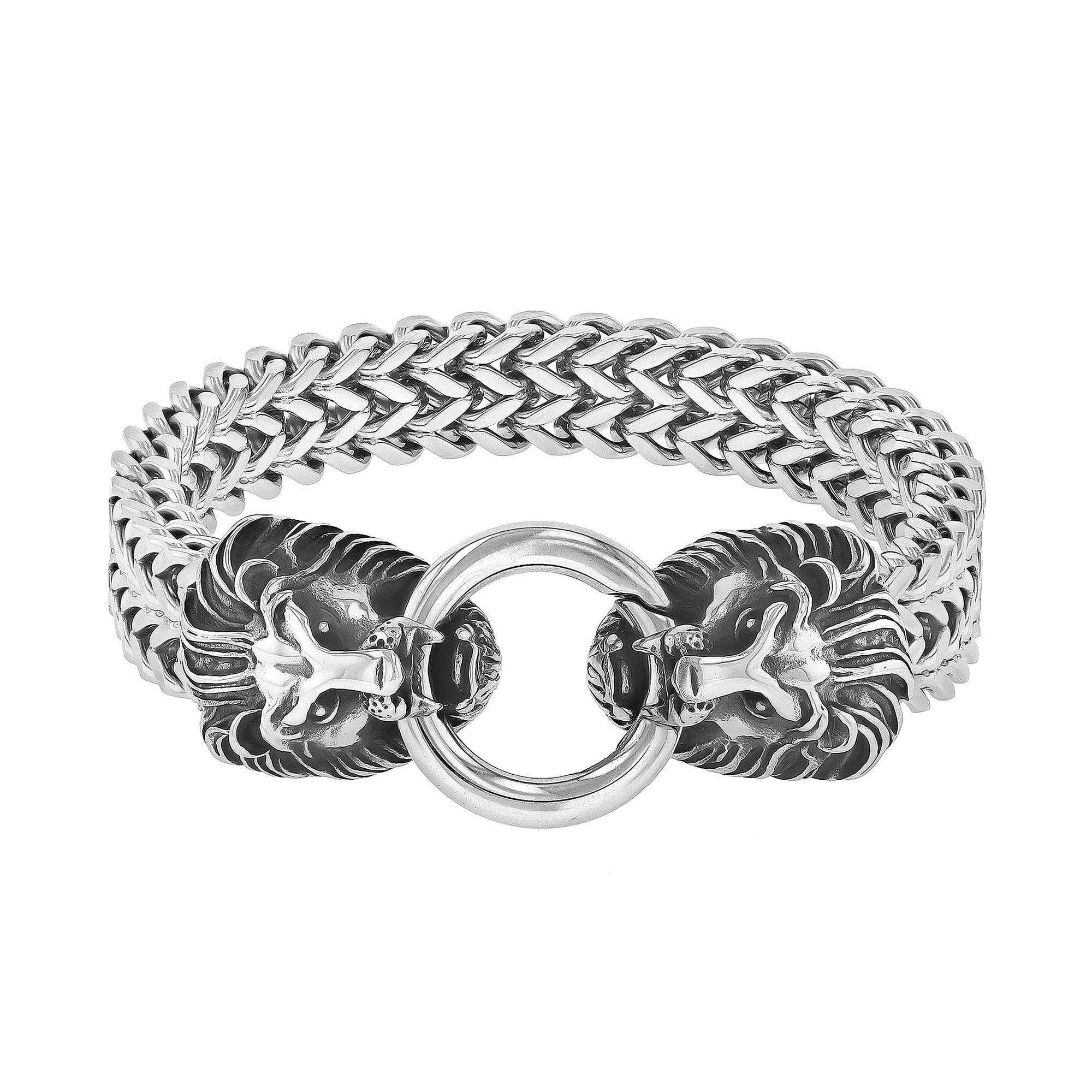 Antique-Finish Double Lion Head Link Bracelet in Stainless Steel