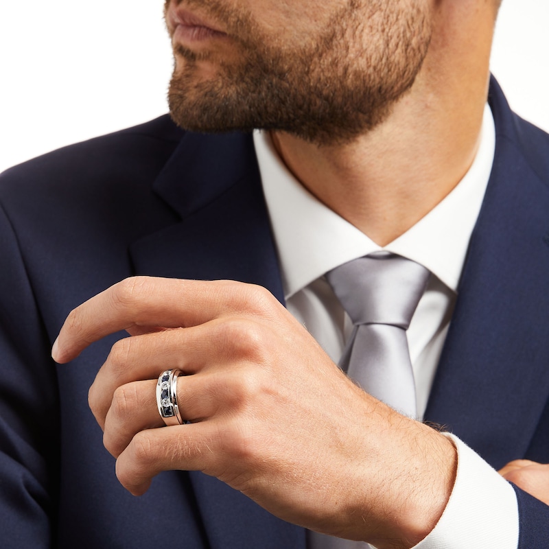 Vera Wang Men's 1/2 CT. T.W. Lab-Grown Diamond and Blue Sapphire Wedding  Band in 14K White Gold | Zales Outlet