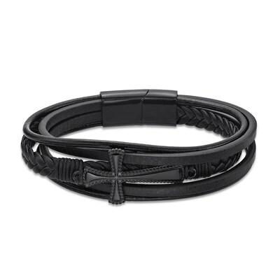 Zysta Cross Leather Bracelet For Men - Braided Multi-Layer Cuff With Magnetic Clasp