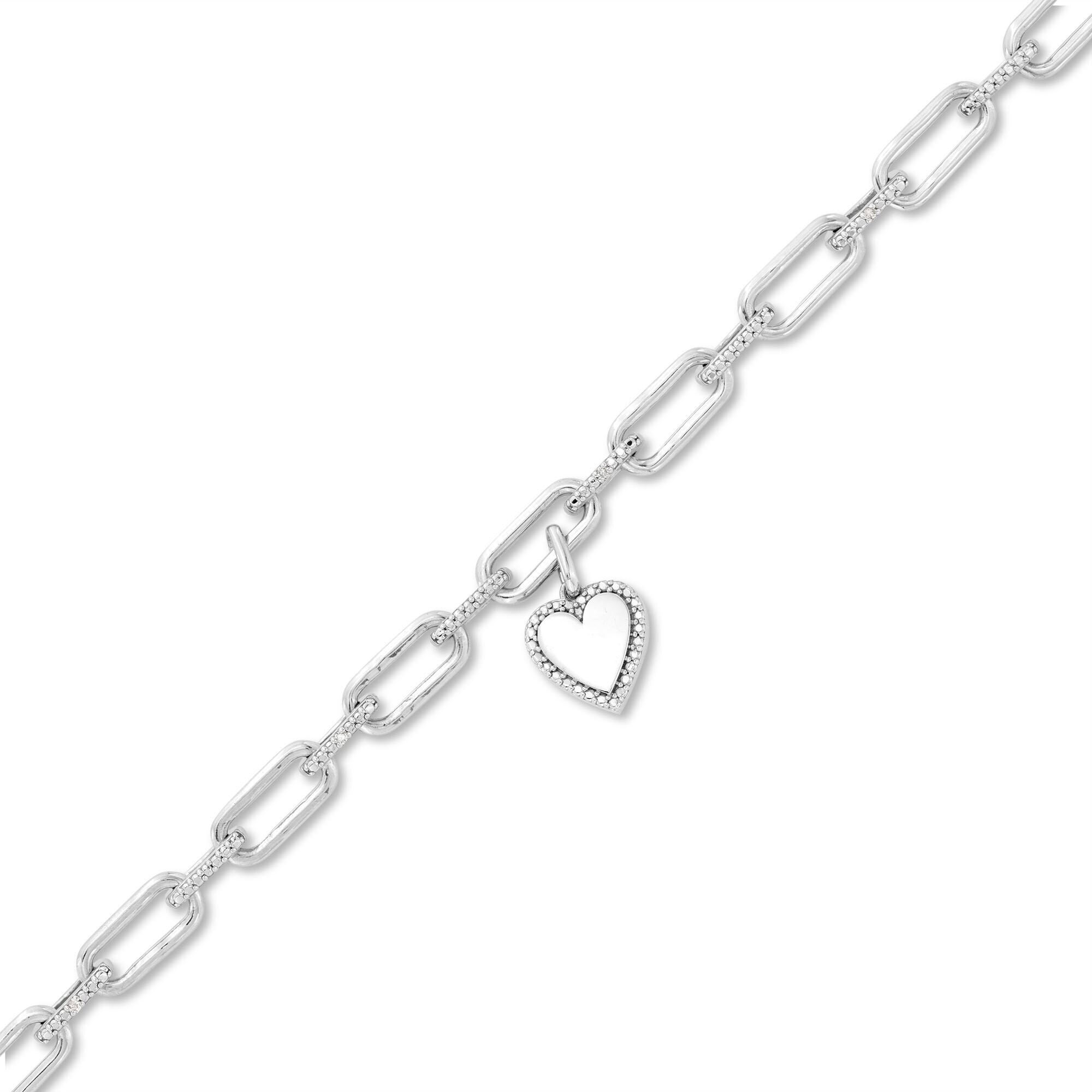 Diamond Accent Frame Heart Charm Paper Clip Link Bracelet in