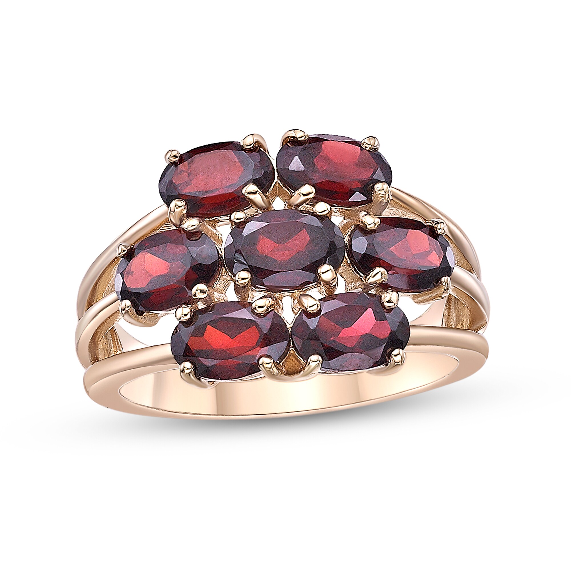 Sideways Oval Garnet Seven Stone Triple Row Split Shank Flower