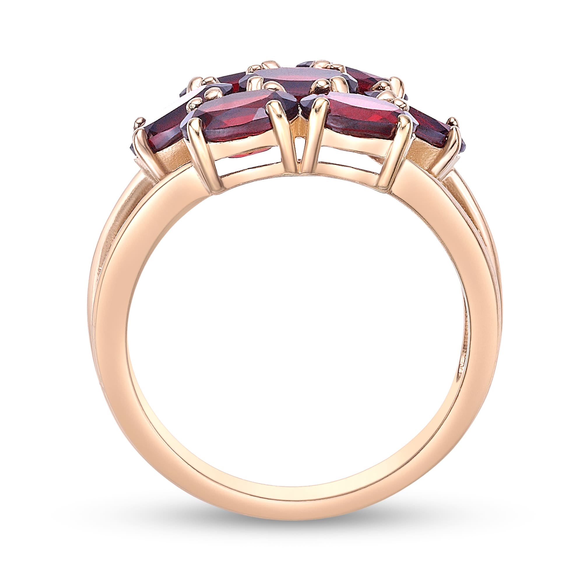 Sideways Oval Garnet Seven Stone Triple Row Split Shank Flower
