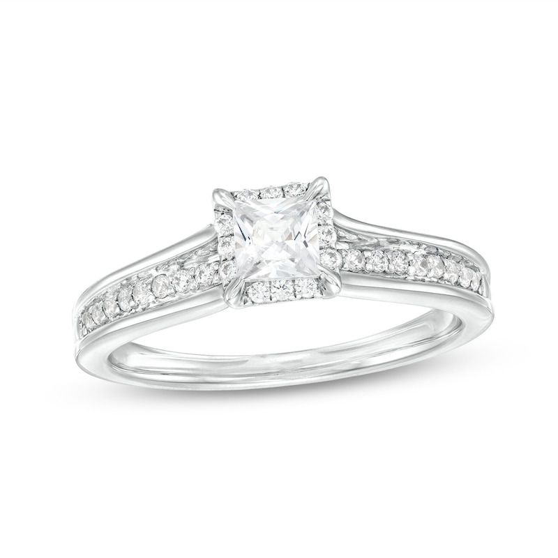 Princess-Cut Diamond Frame Raised Shank Engagement Ring in  14K White Gold (I/I2)