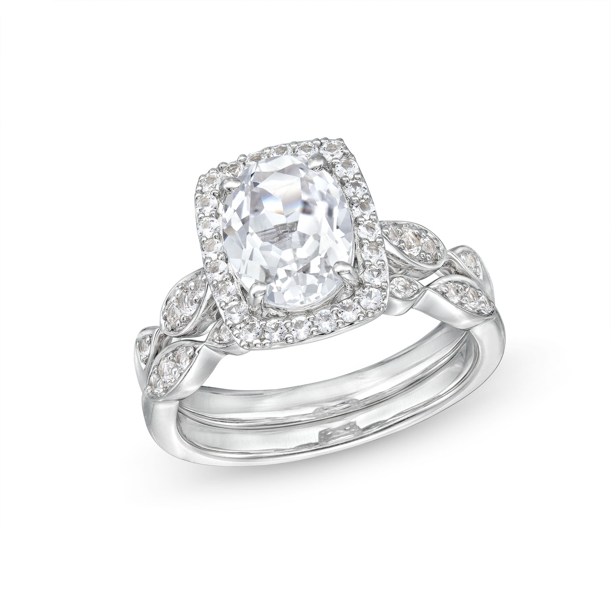 Oval White Lab-Created Sapphire Cushion Frame Bridal Set in