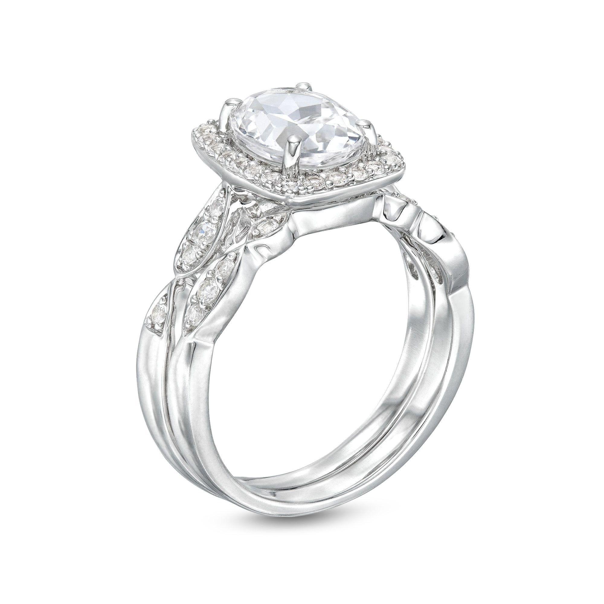 Oval White Lab-Created Sapphire Cushion Frame Bridal Set in Oval White Lab-Created Sapphire Cushion Frame Bridal Set in