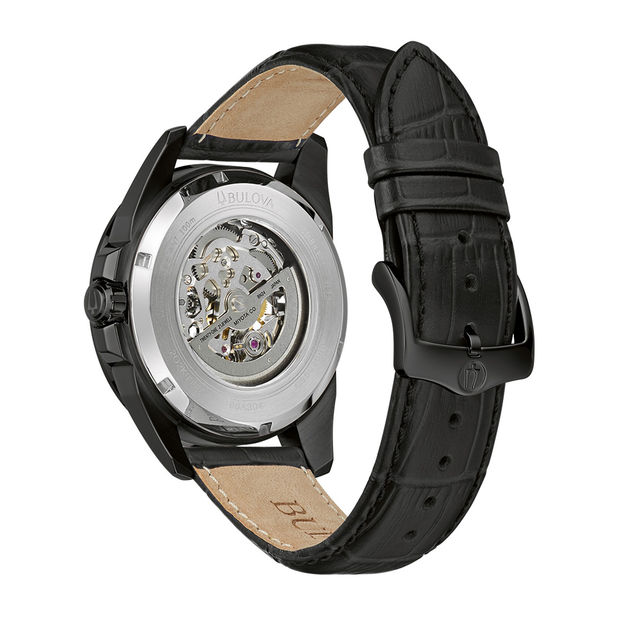 Men's Bulova Automatic Collection Black IP Leather Strap Watch