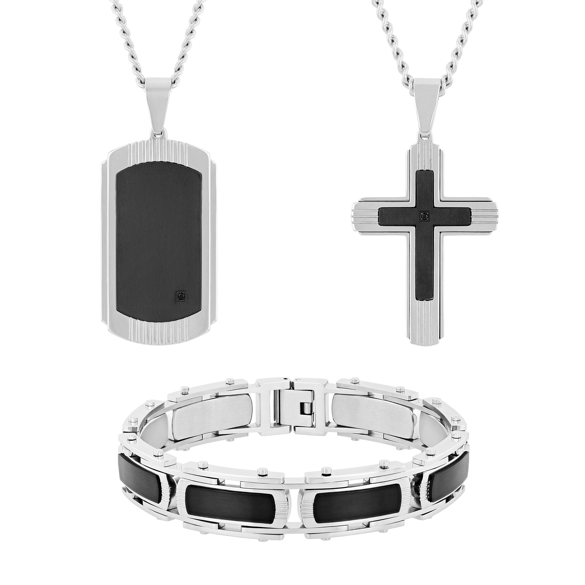 Black Diamond Accent Dog Tag, Cross Pendant and Link Bracelet Set