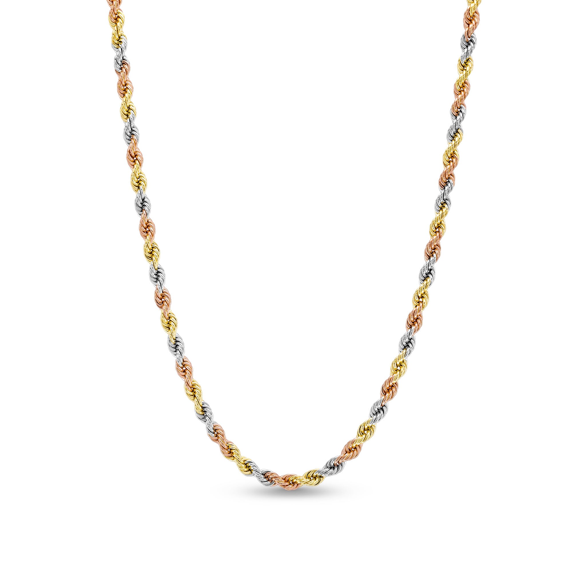 3.0mm Rope Chain Necklace in Semi-Solid 14K Tri-Tone Gold