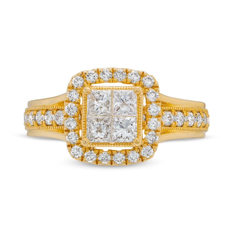 1/2 CT Princess & Round Diamond Halo Wedding Ring – 14K Yellow Gold, Size 6.5