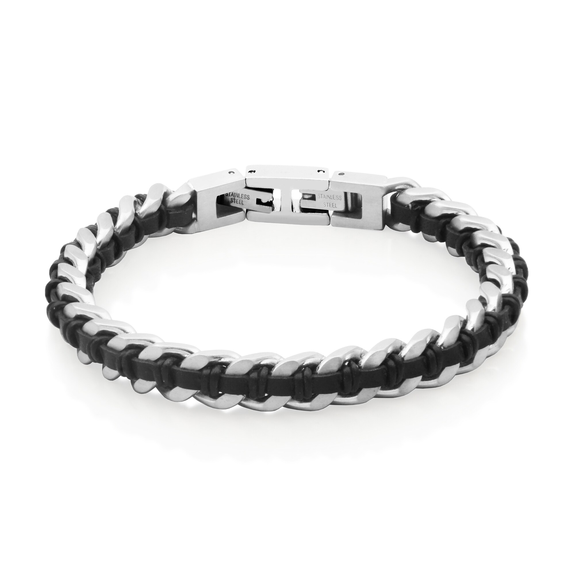 8.0mm Curb Chain Bracelet with Black Leather Woven Inlay in