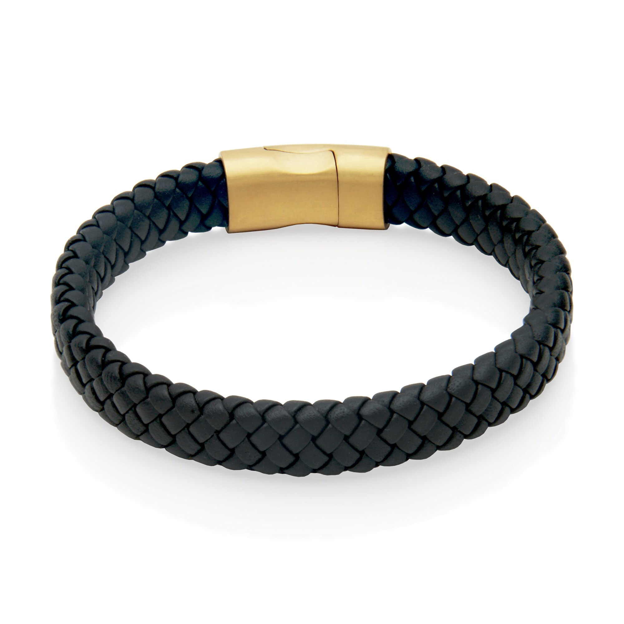 Woven Black Leather Bracelet with Yellow IP Stainless Steel Clasp