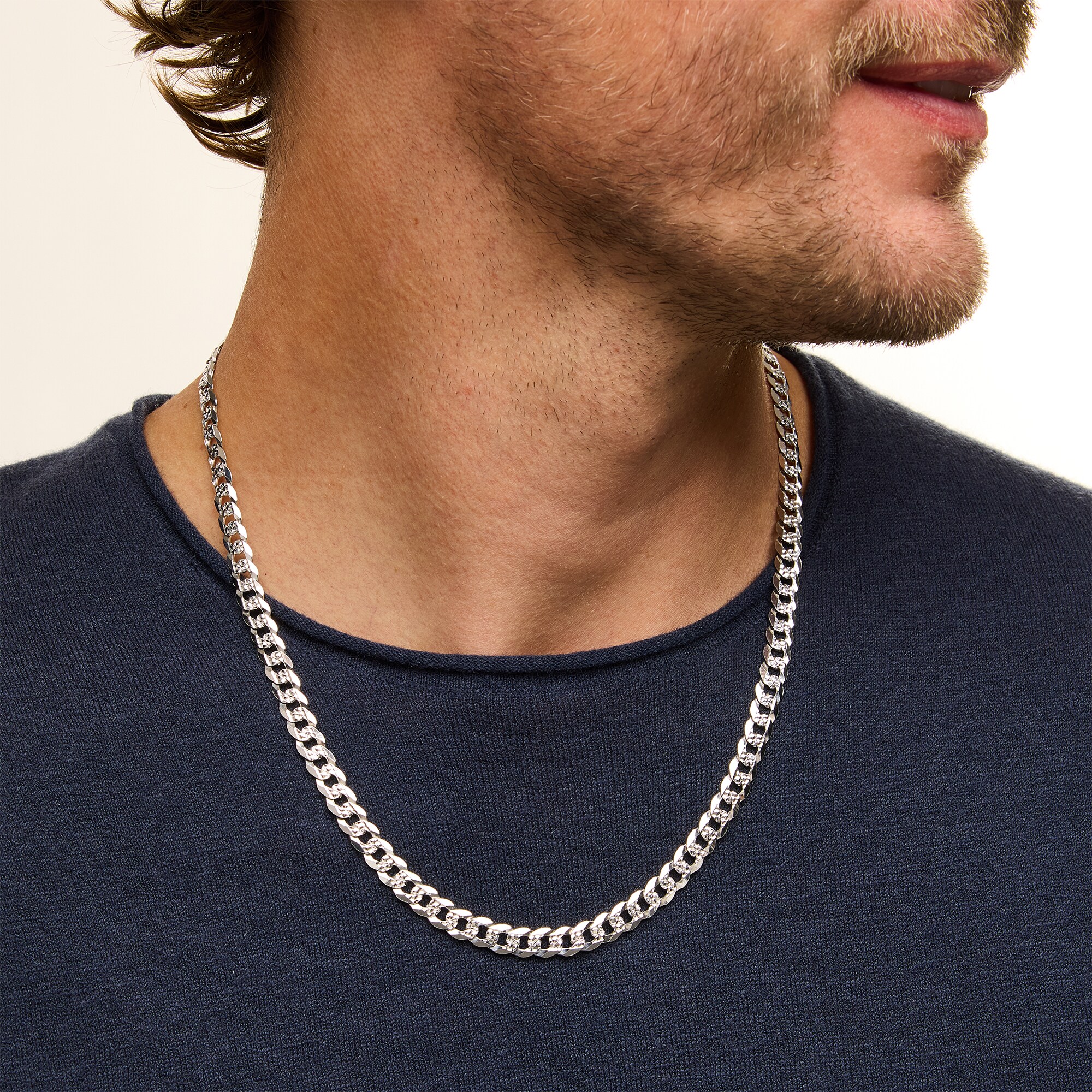 6.8mm Diamond-Cut Flat Curb Chain Necklace in Solid Sterling