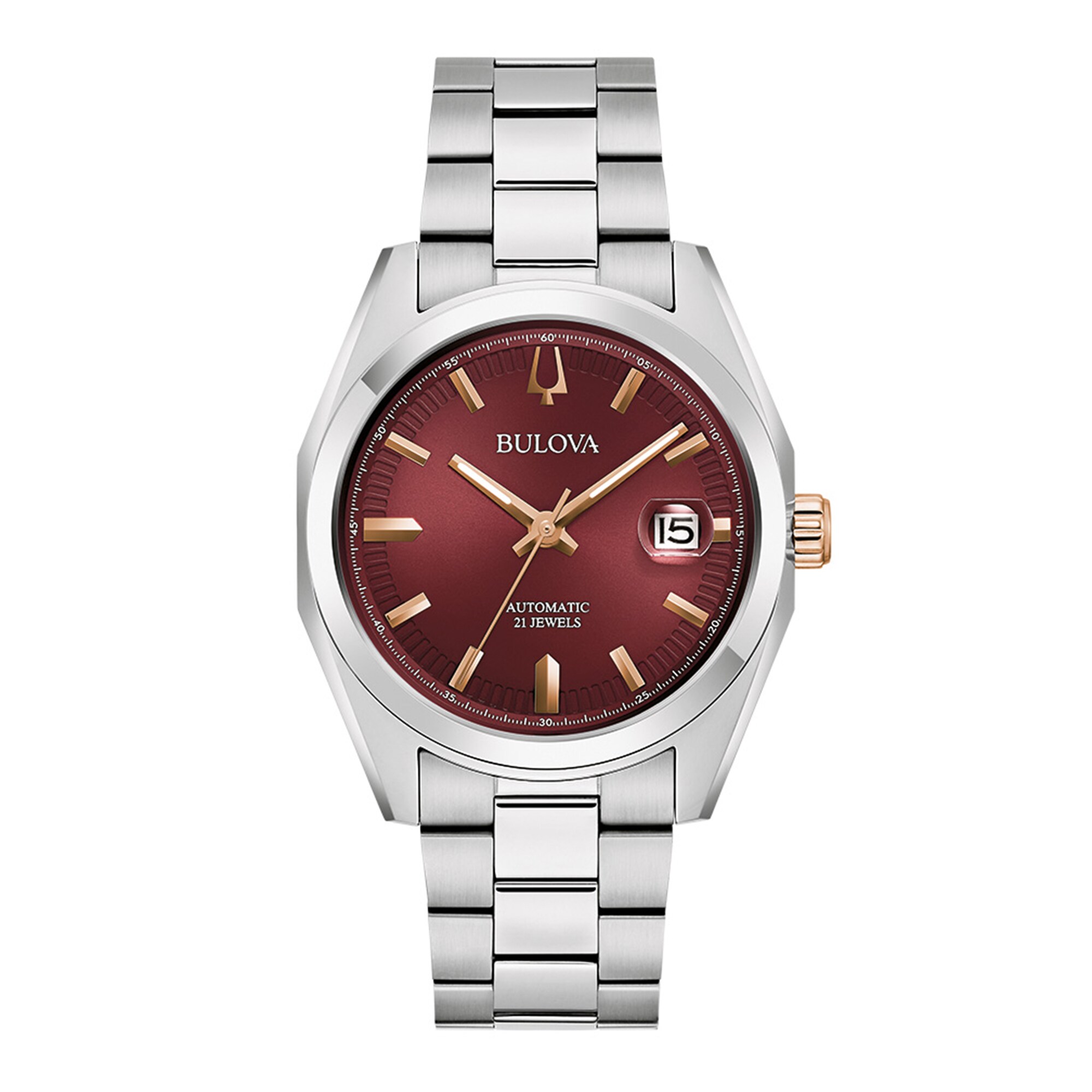 Men's Bulova Surveyor Burgundy Dial Watch in Stainless Steel