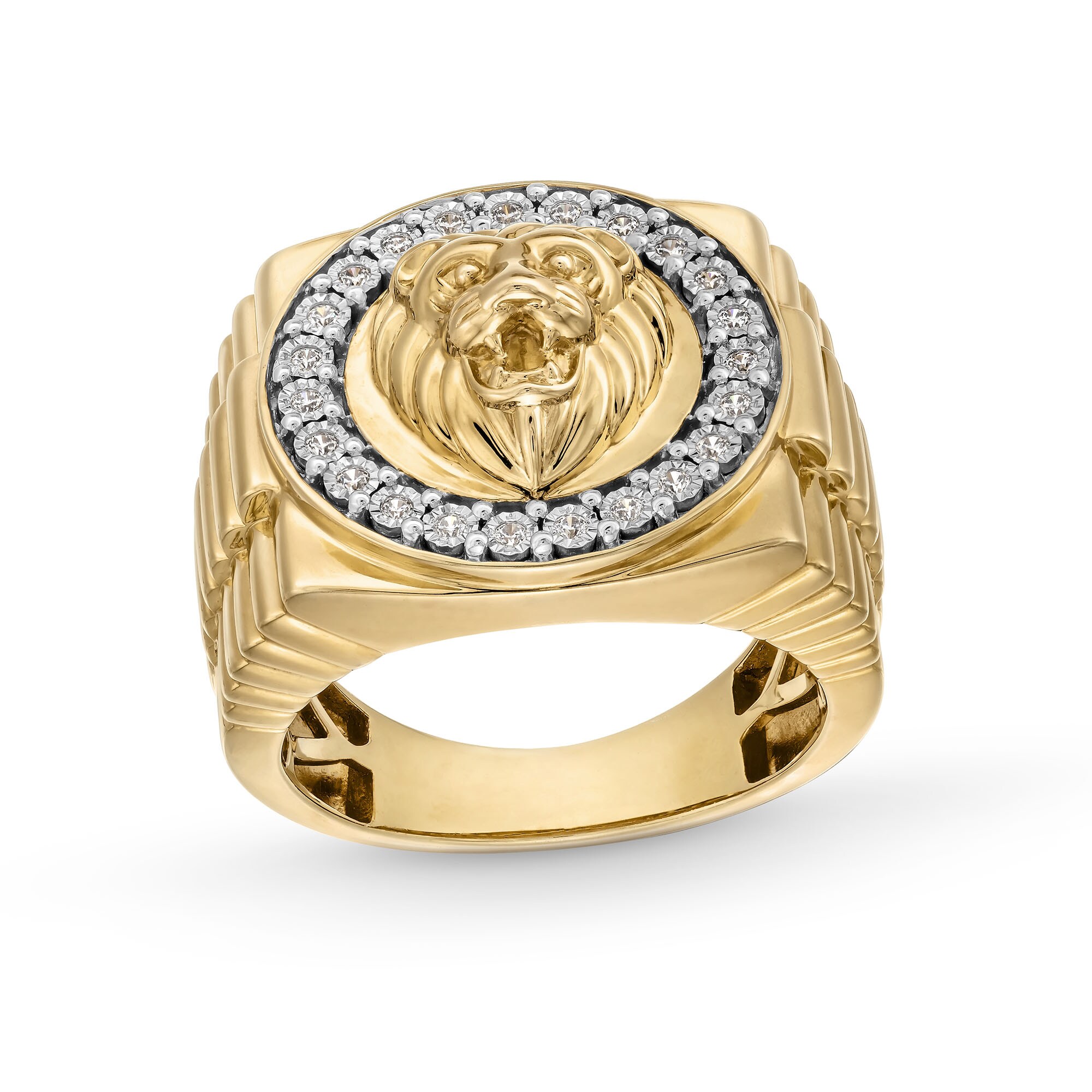 1/5 CT. T.W. Diamond Lion Head Frame Triple Row Ribbed Shank Ring