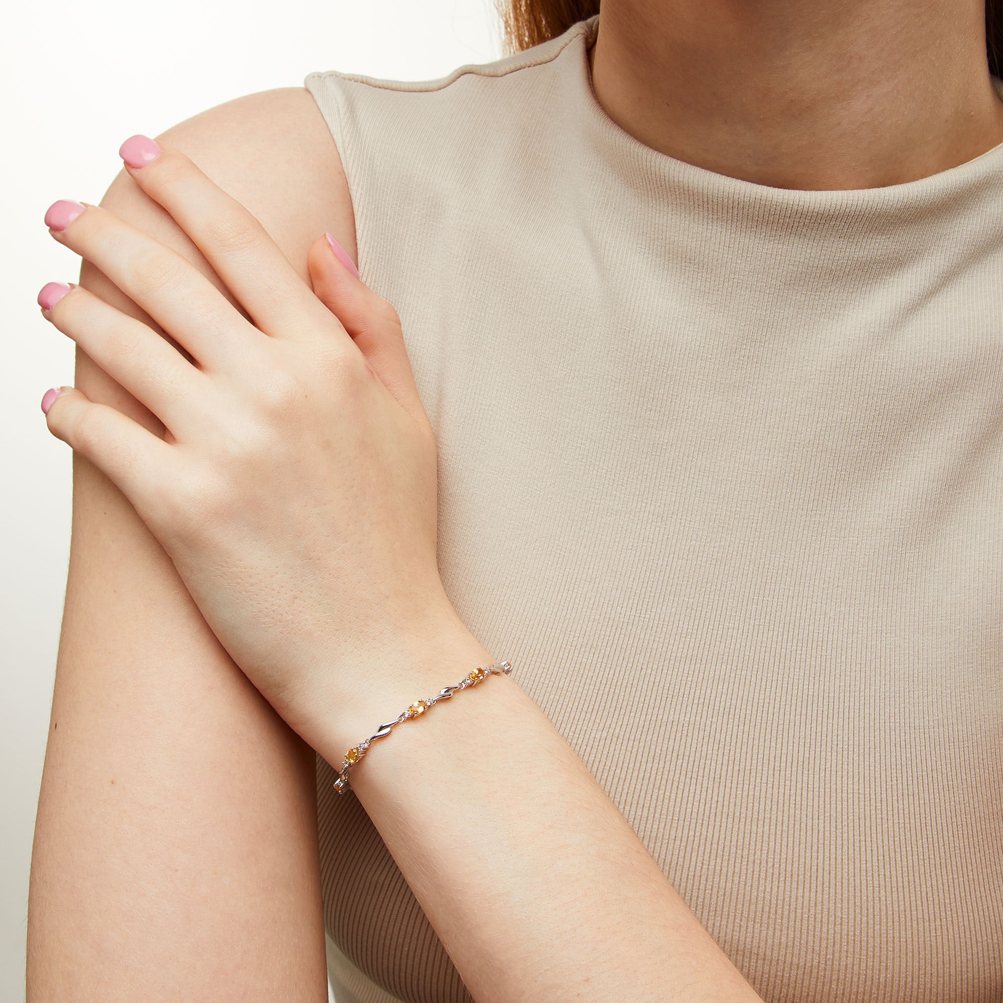 Oval Citrine and White Lab-Created Sapphire Bypass Link