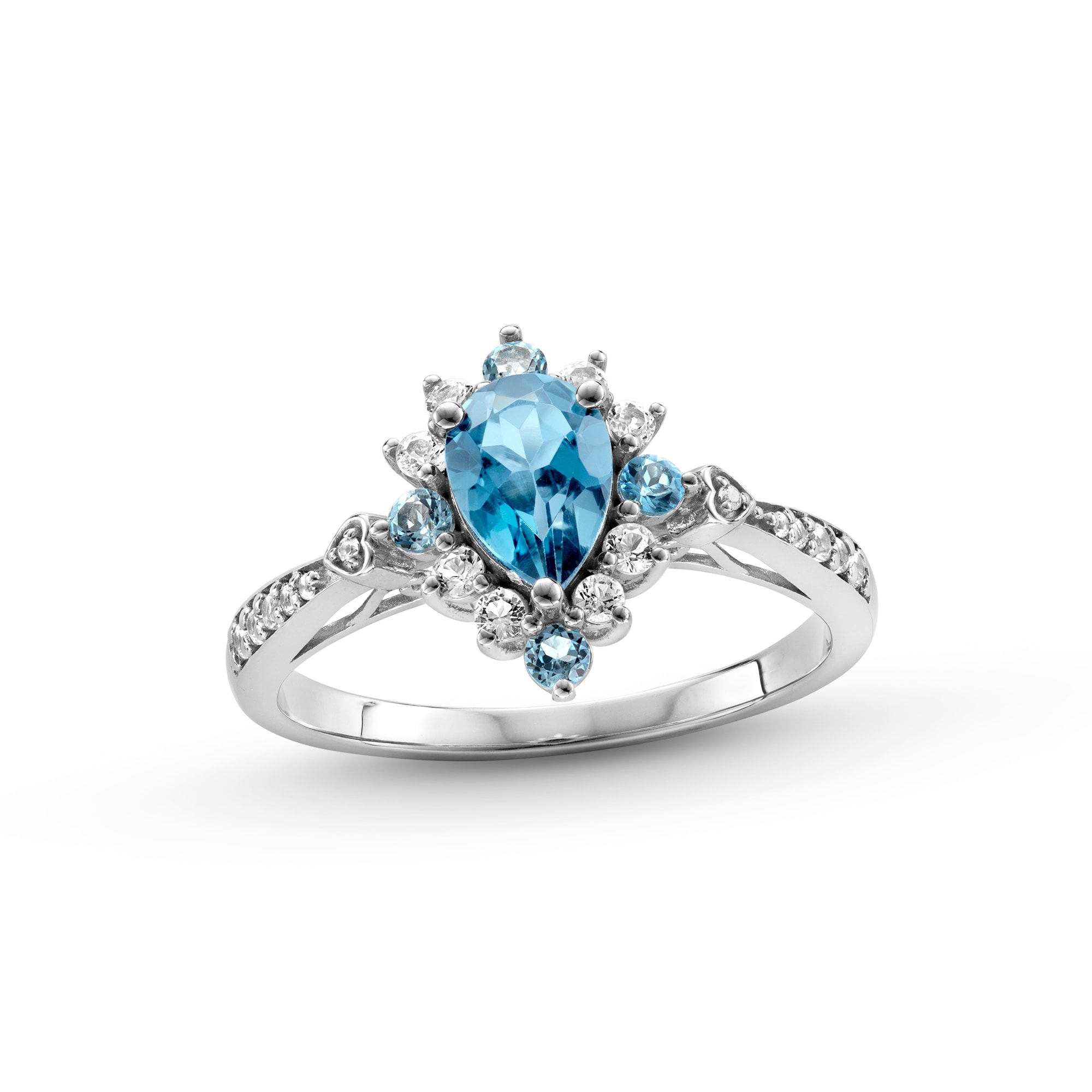 Pear-Shaped Blue and White Topaz Sunburst Frame Heart-Sides Ring