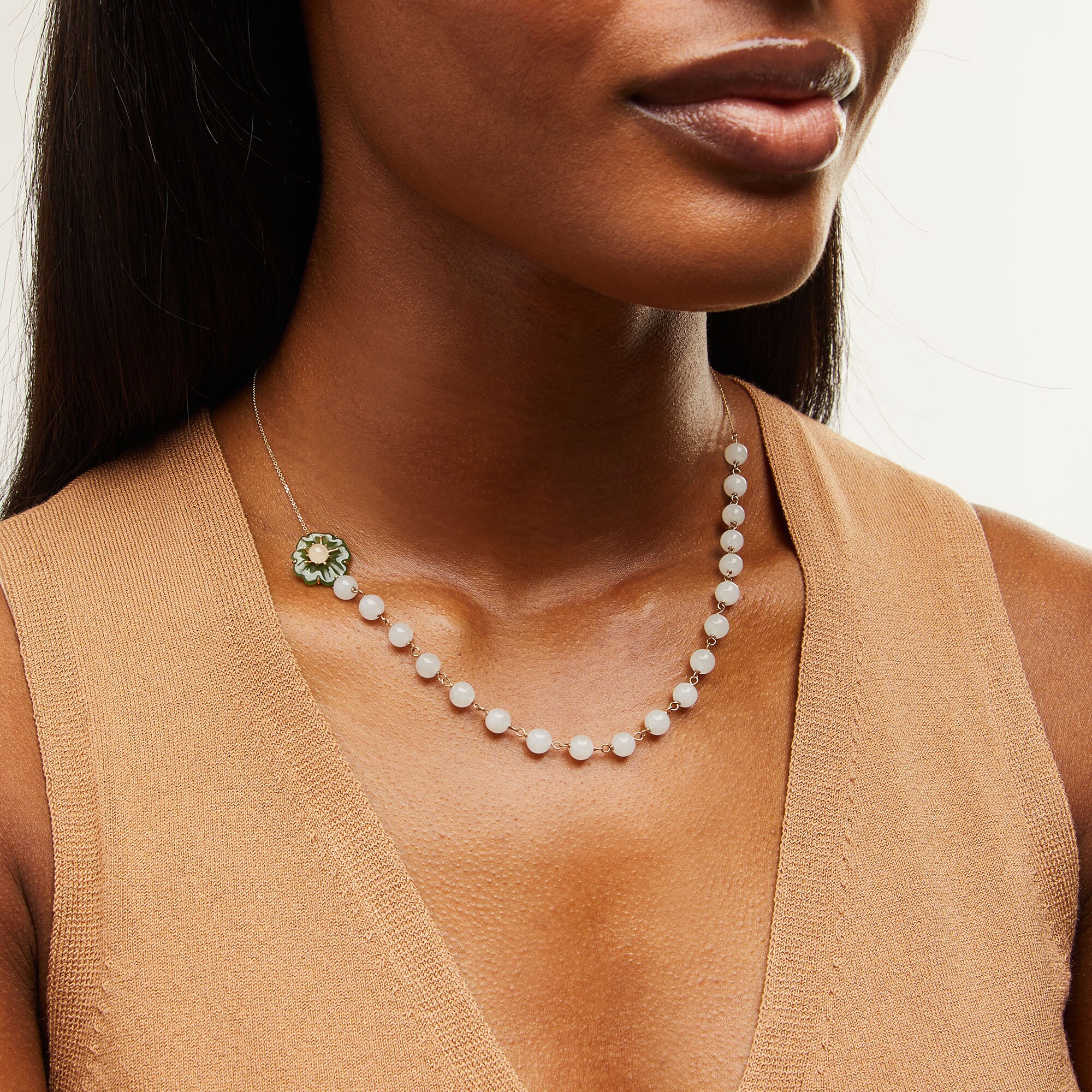 Green and White Jade Flower Bead Chain Necklace in 14K Gold