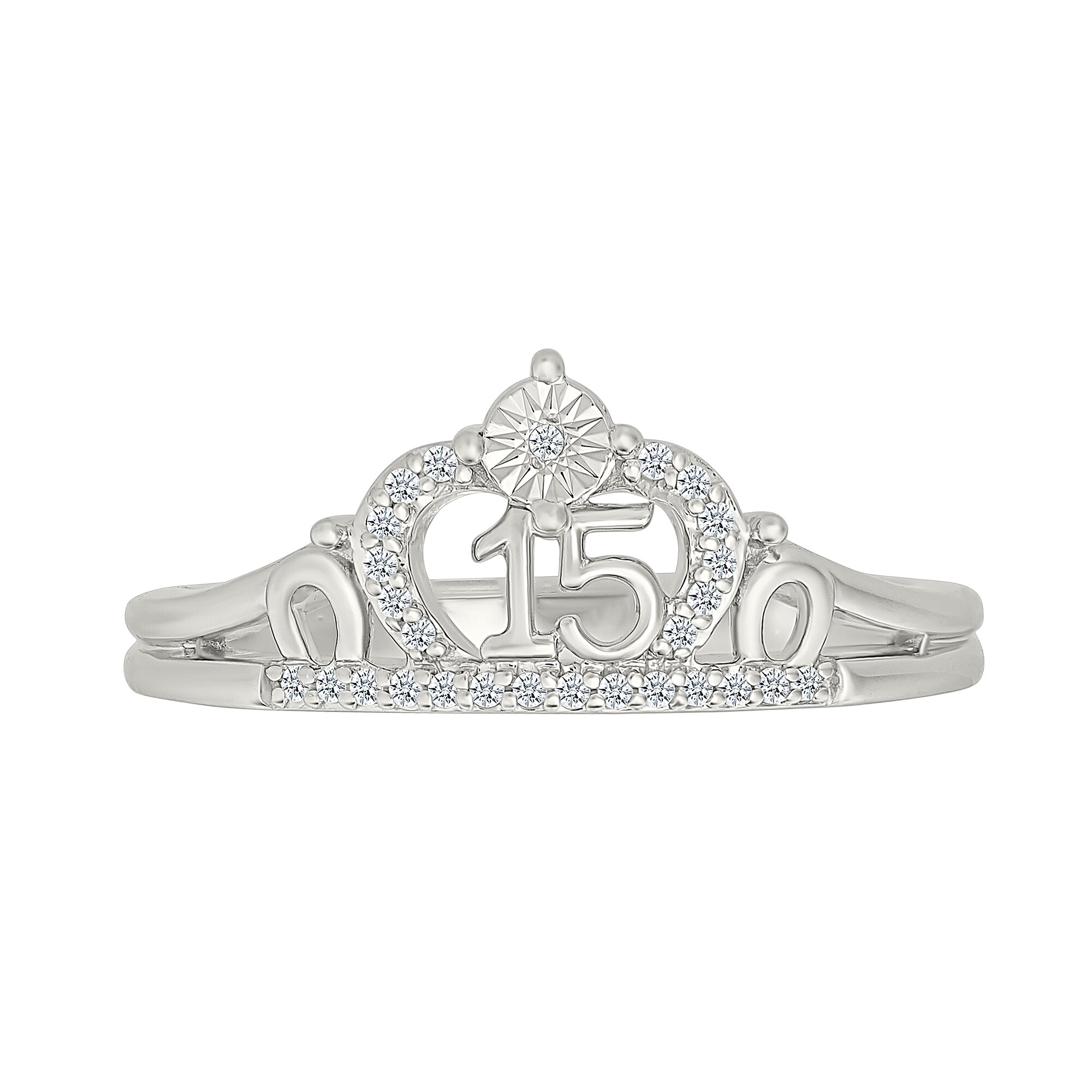 1/10 CT. T.W. Diamond Quinceañera “15” Crown Ring in Sterling