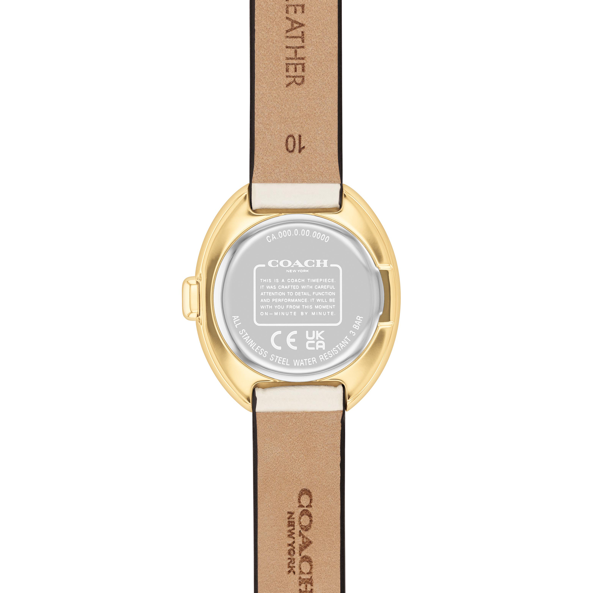 Coach Gold-Tone Round Watch with Cream Strap and White Dial Coach Ultra Slim Beige Dial White Leather Strap Women main image 3