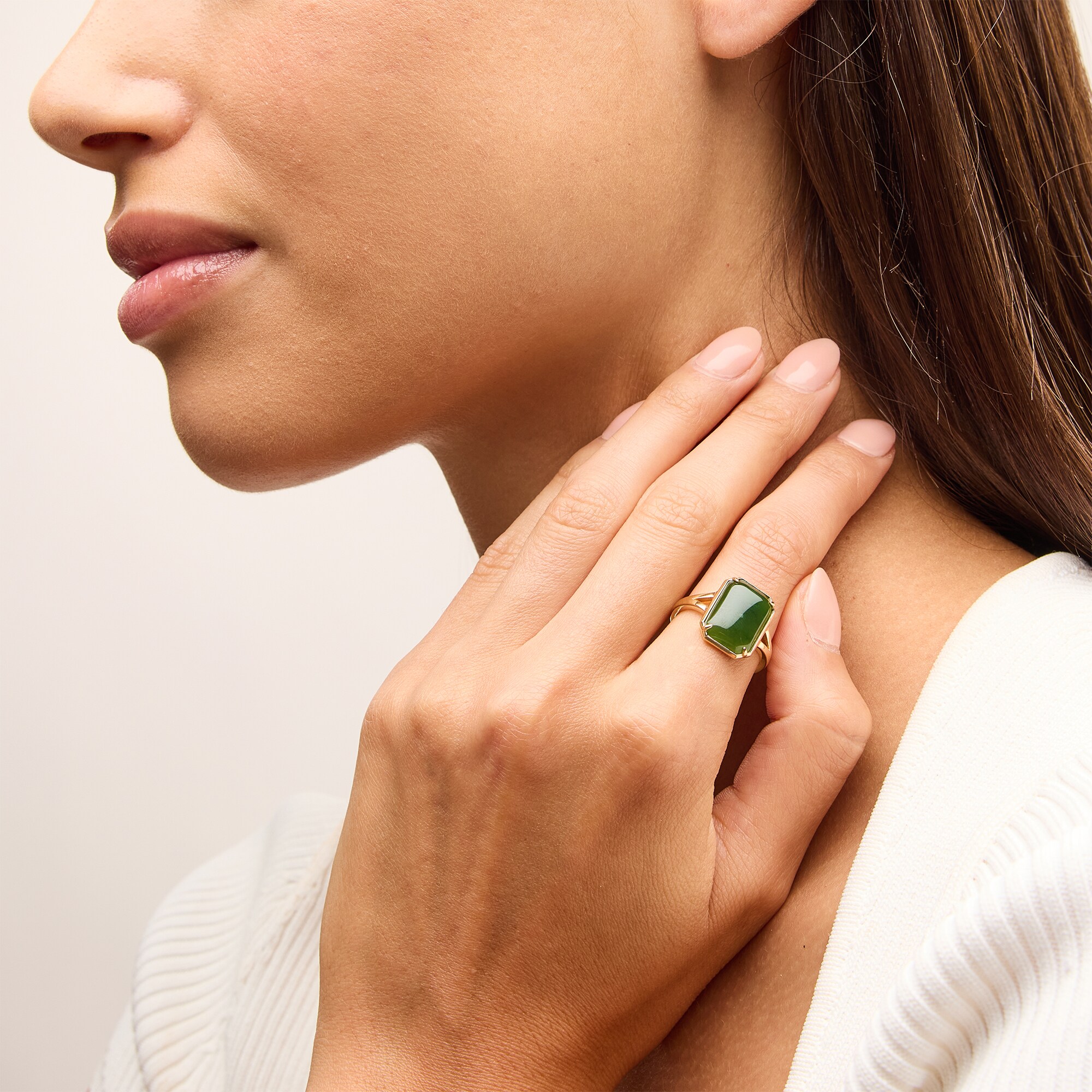 Emerald-Cut Jade Solitaire Octagon Frame Split Shank Ring in 18K