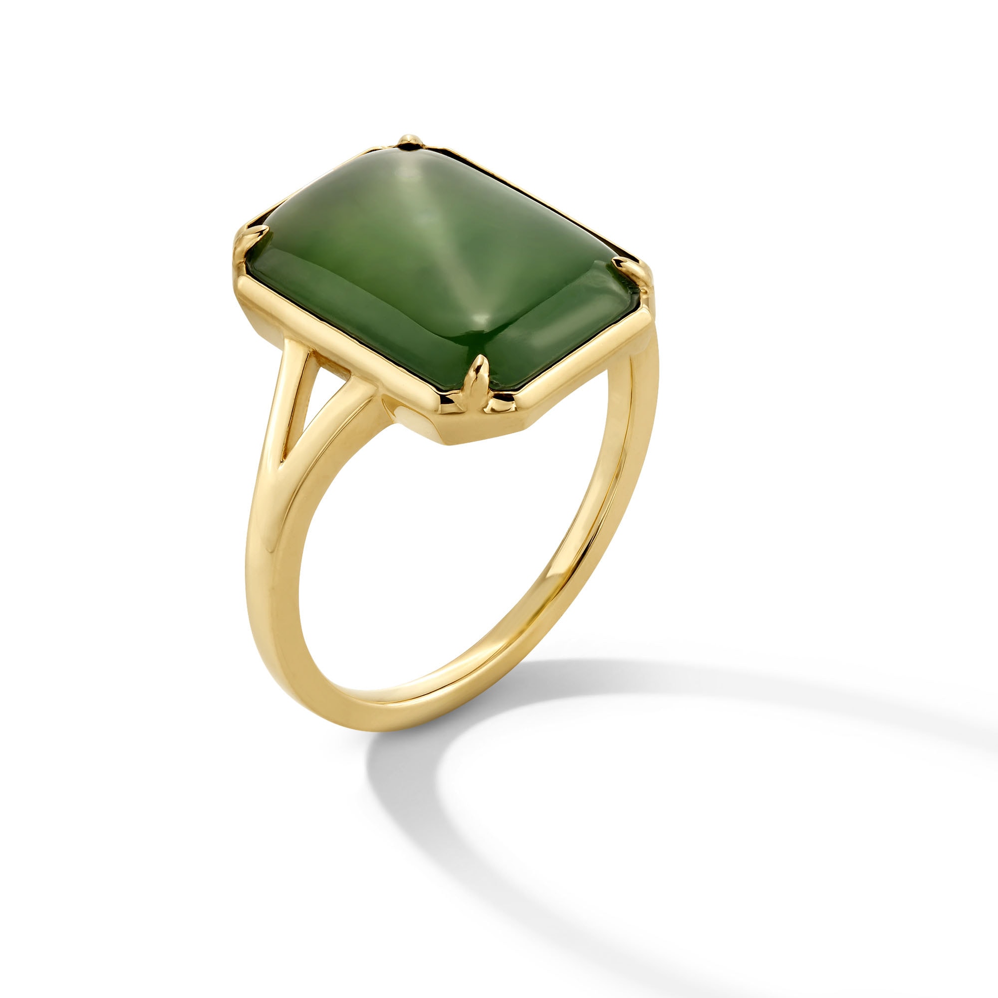 Emerald-Cut Jade Solitaire Octagon Frame Split Shank Ring in 18K