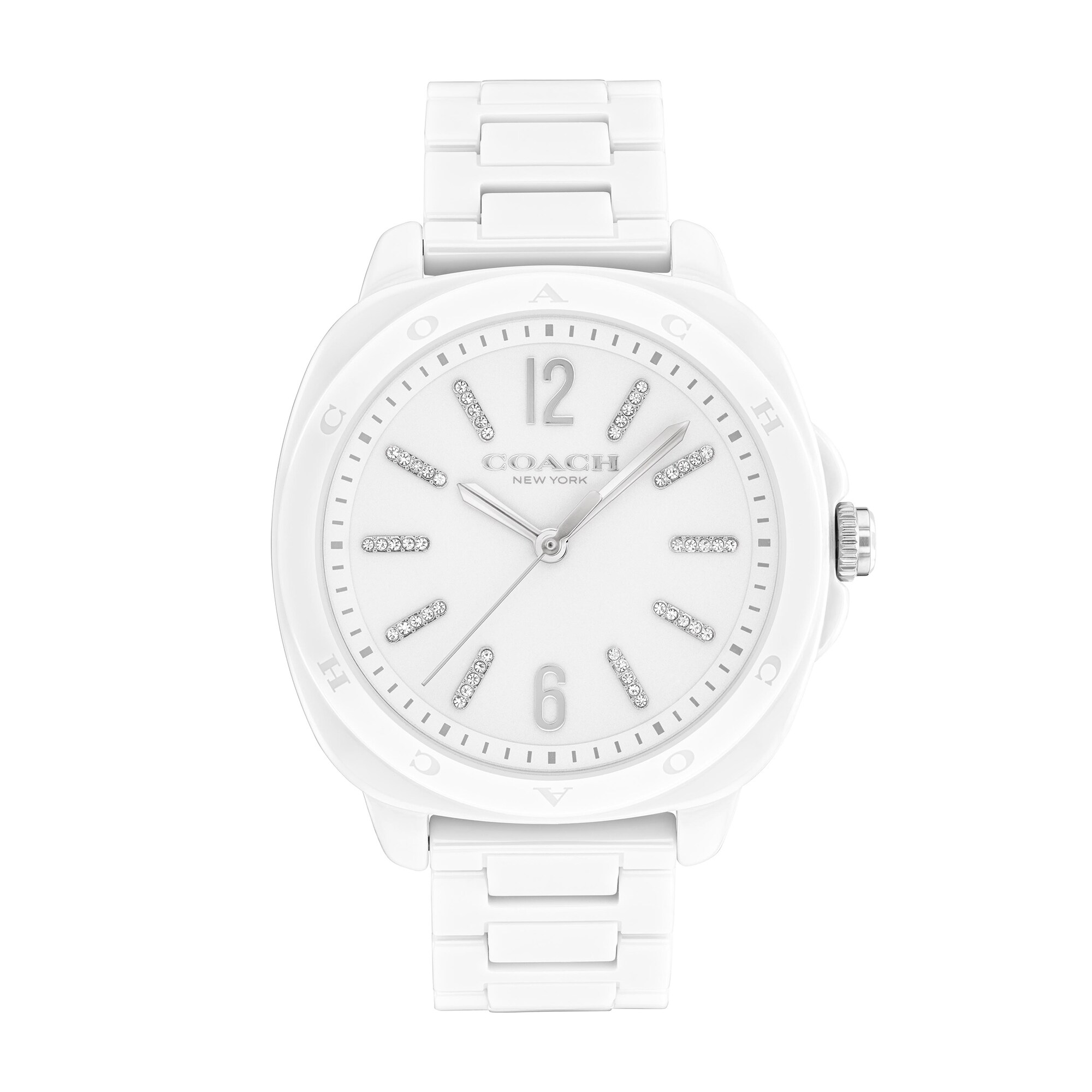 Ladies' Coach Kitt Crystal Accent White Ceramic Watch with White